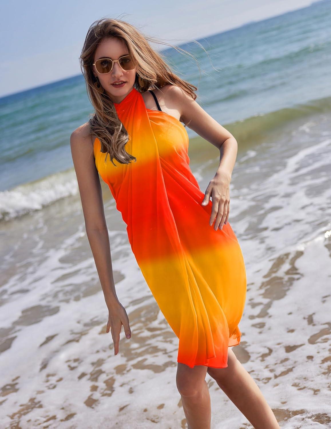imageEkouaer Women Sarong Swimsuit Coverups Chiffon Long Bikini Wraps Sheer Beach Bathing Suit Cover UpGradientorange