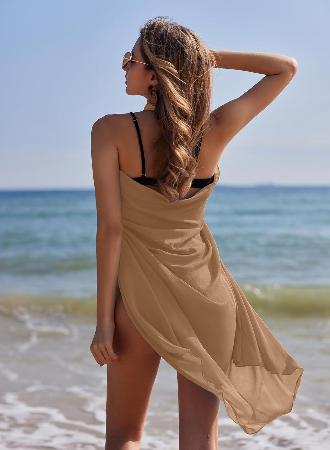 imageEkouaer Women Sarong Swimsuit Coverups Chiffon Long Bikini Wraps Sheer Beach Bathing Suit Cover UpKhaki