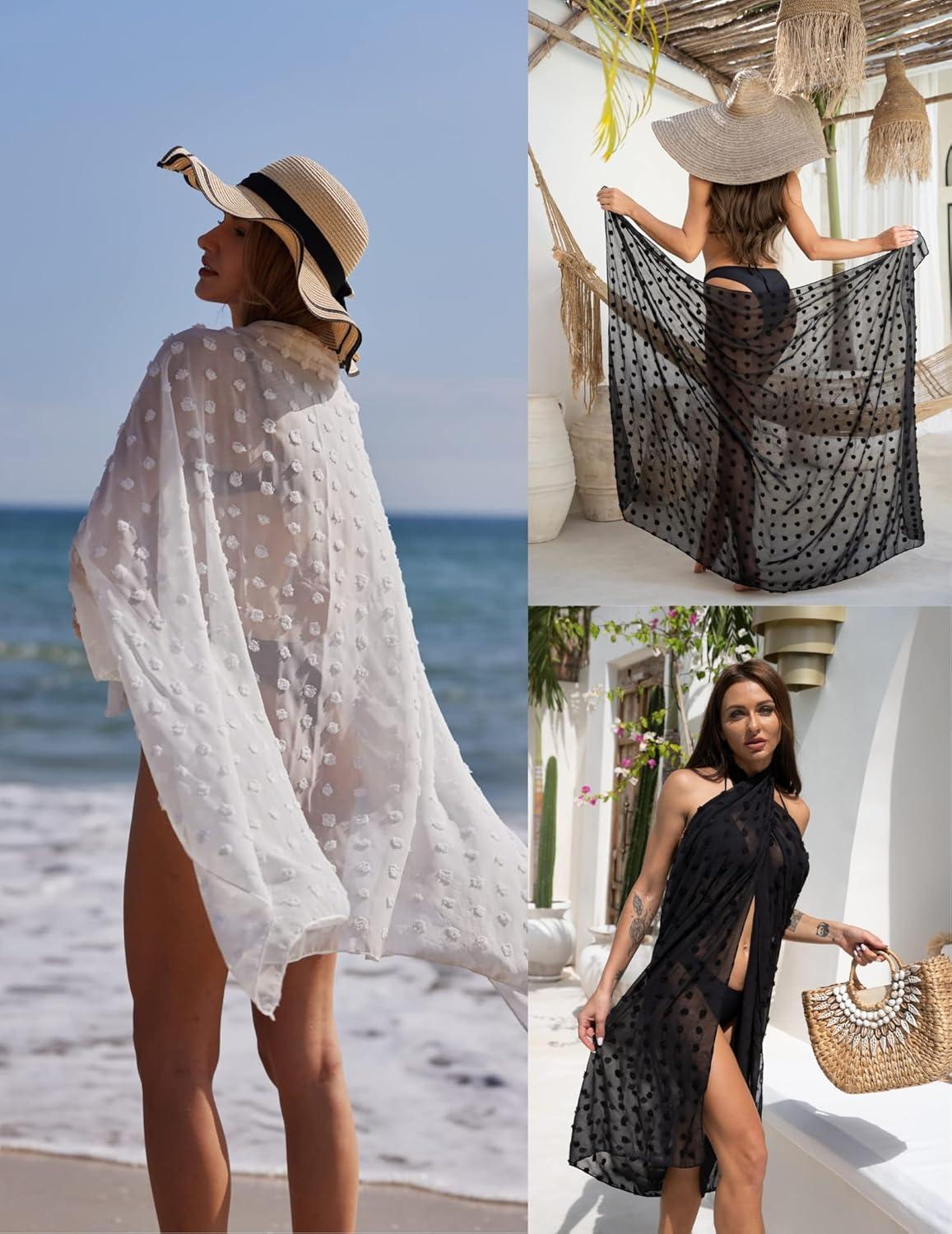 imageEkouaer Women Sarong Swimsuit Coverups Chiffon Long Bikini Wraps Sheer Beach Bathing Suit Cover UpSwiss Dotblack and White