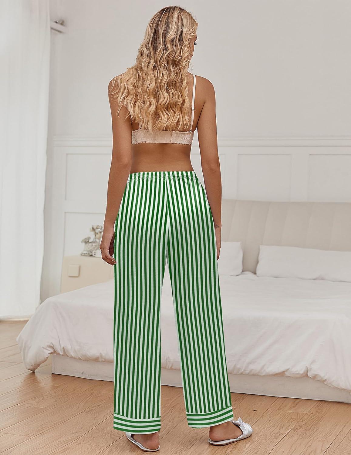 imageEkouaer Women Silk Satin Pajama Pants Color Block Loose Lounge Pants Elastic Waist Pj Bottoms with PocketsGreen Stripe