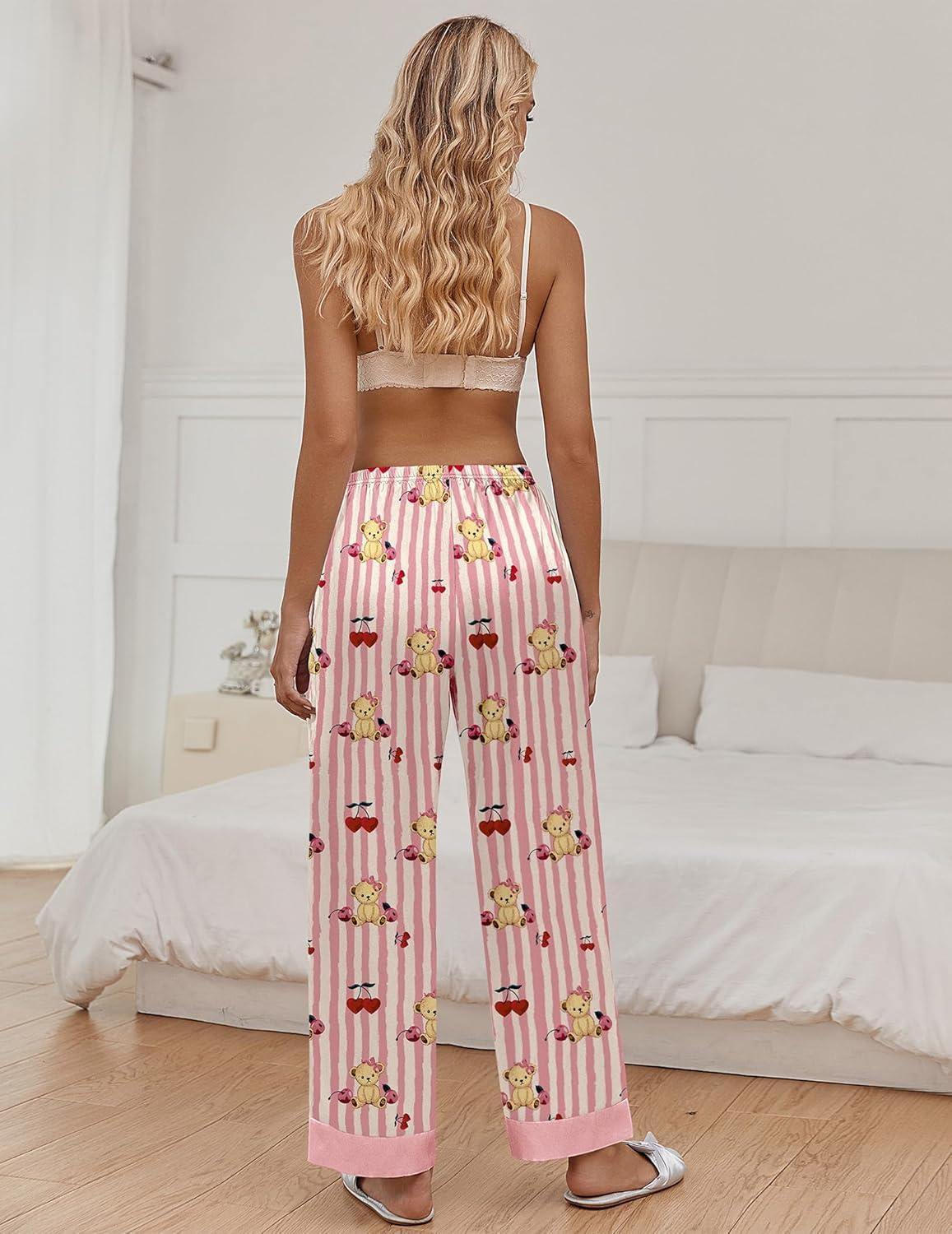 imageEkouaer Women Silk Satin Pajama Pants Color Block Loose Lounge Pants Elastic Waist Pj Bottoms with PocketsPink Stripe Teddy