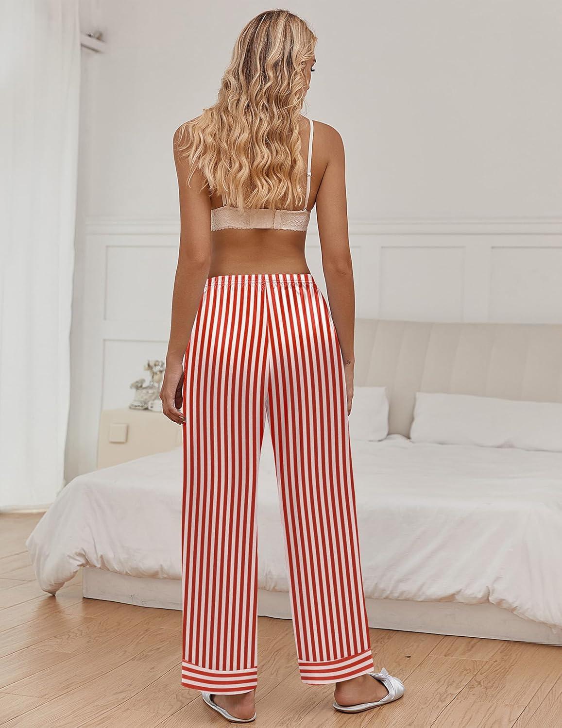 imageEkouaer Women Silk Satin Pajama Pants Color Block Loose Lounge Pants Elastic Waist Pj Bottoms with PocketsRed Stripe