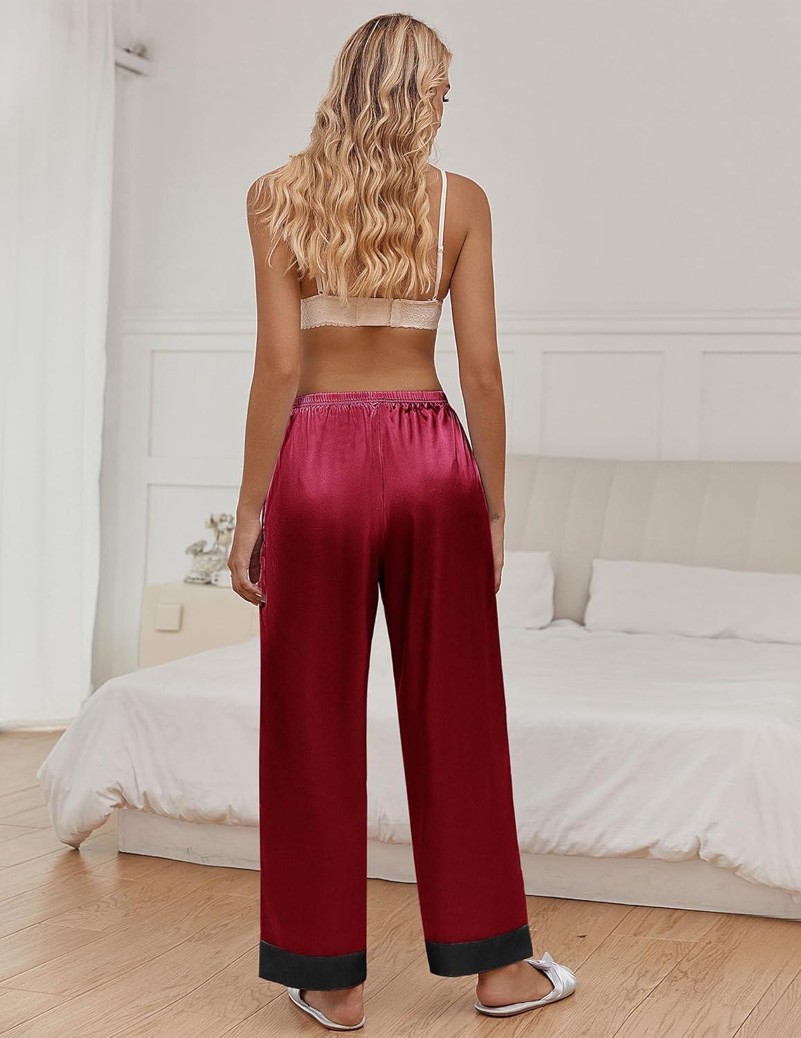 imageEkouaer Women Silk Satin Pajama Pants Color Block Loose Lounge Pants Elastic Waist Pj Bottoms with PocketsWine Red