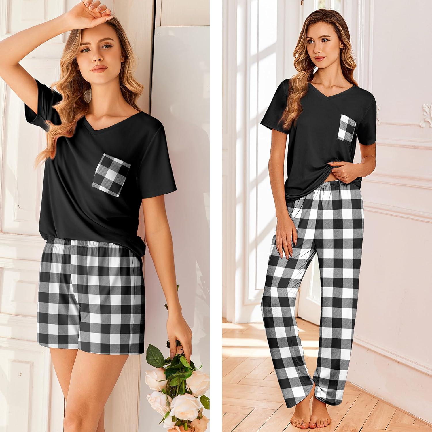 imageEkouaer Womens 3 Piece Pajama Set Short Sleeve Sleepwear Pj Set Top and Shorts Pants Pjs with PocketsBlack White Plaid
