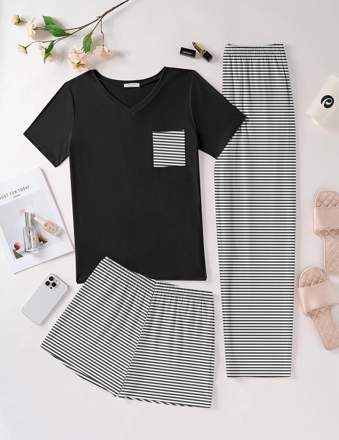 imageEkouaer Womens 3 Piece Pajama Set Short Sleeve Sleepwear Pj Set Top and Shorts Pants Pjs with PocketsBlack White Stripe