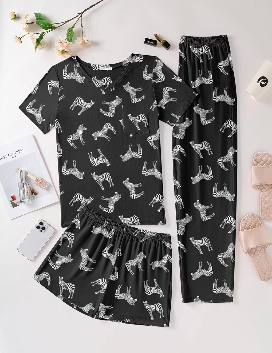 imageEkouaer Womens 3 Piece Pajama Set Short Sleeve Sleepwear Pj Set Top and Shorts Pants Pjs with PocketsBlack Zebra