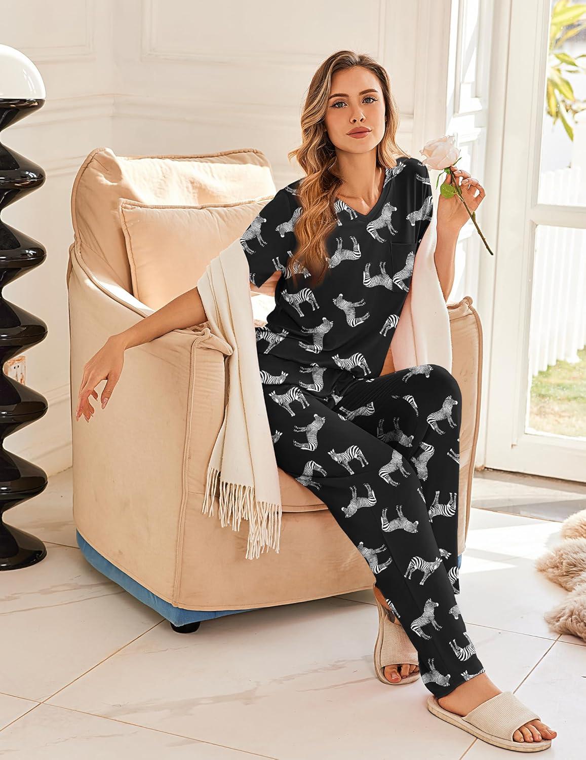 imageEkouaer Womens 3 Piece Pajama Set Short Sleeve Sleepwear Pj Set Top and Shorts Pants Pjs with PocketsBlack Zebra