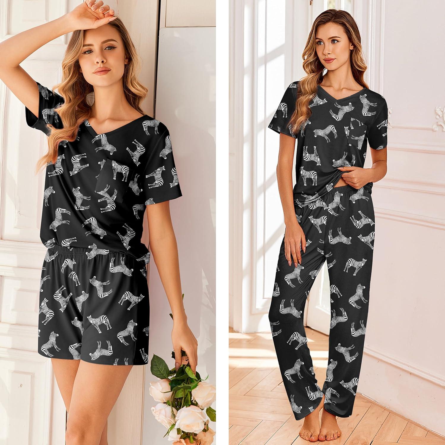 imageEkouaer Womens 3 Piece Pajama Set Short Sleeve Sleepwear Pj Set Top and Shorts Pants Pjs with PocketsBlack Zebra