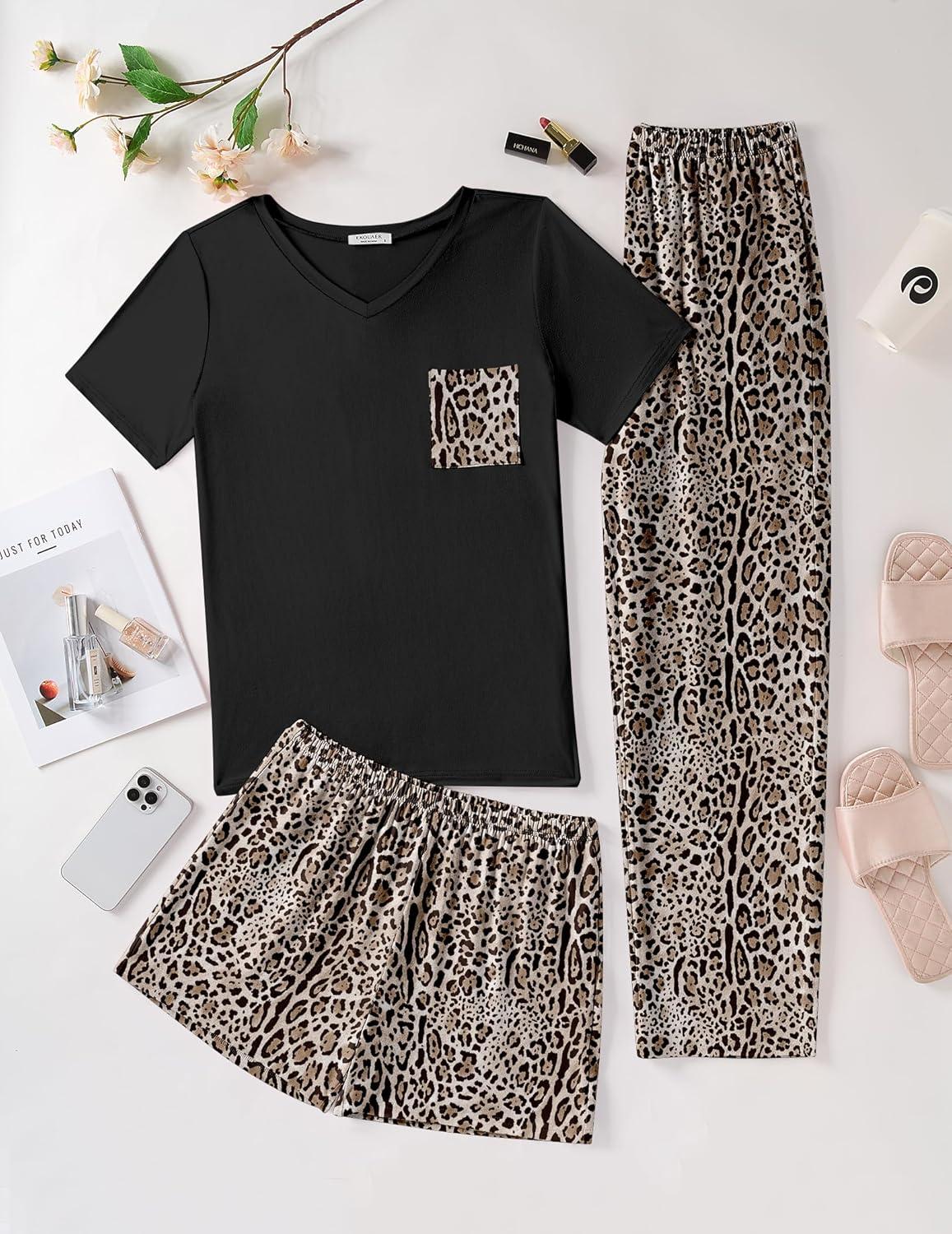 imageEkouaer Womens 3 Piece Pajama Set Short Sleeve Sleepwear Pj Set Top and Shorts Pants Pjs with PocketsBrown Leopard