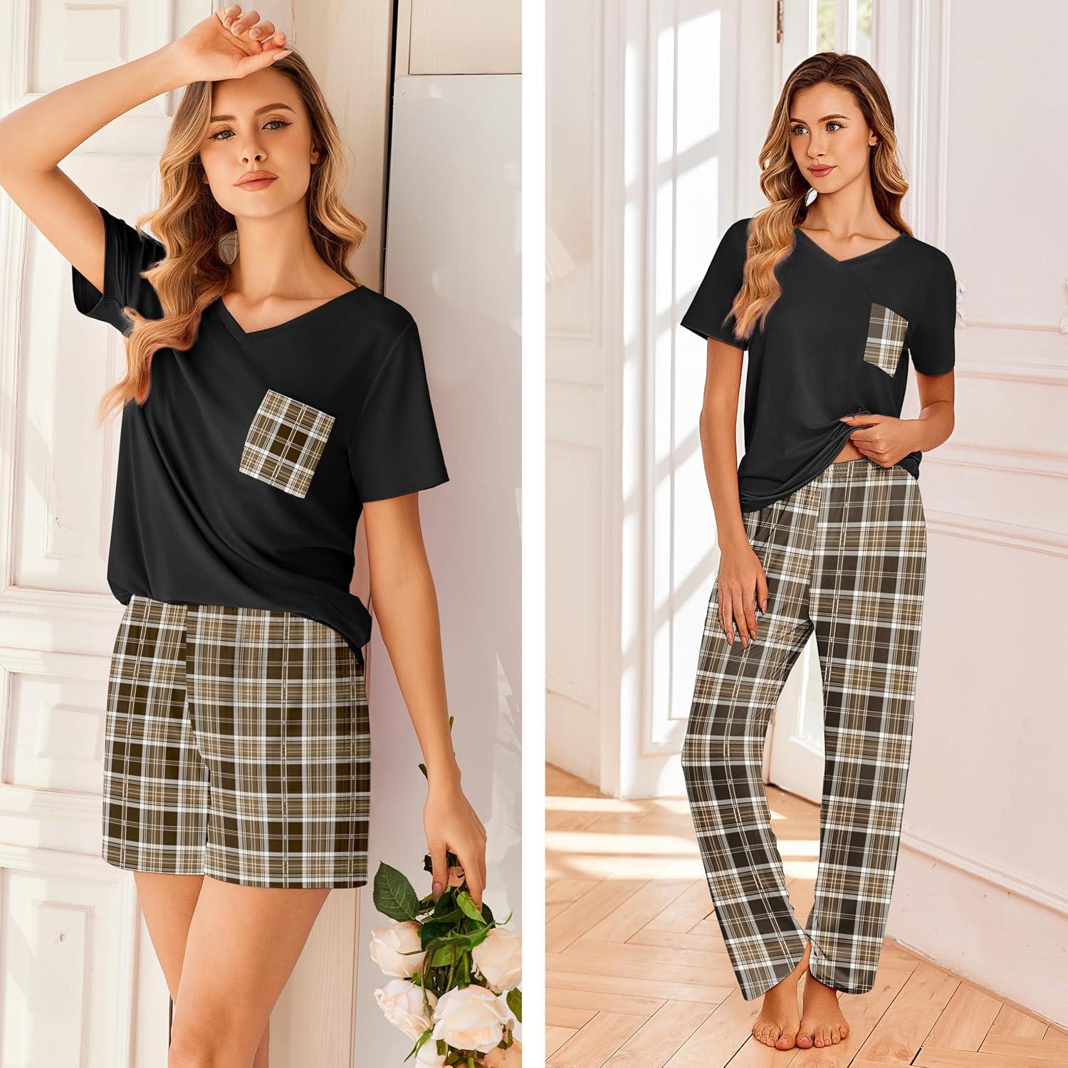 imageEkouaer Womens 3 Piece Pajama Set Short Sleeve Sleepwear Pj Set Top and Shorts Pants Pjs with PocketsBrown Plaid