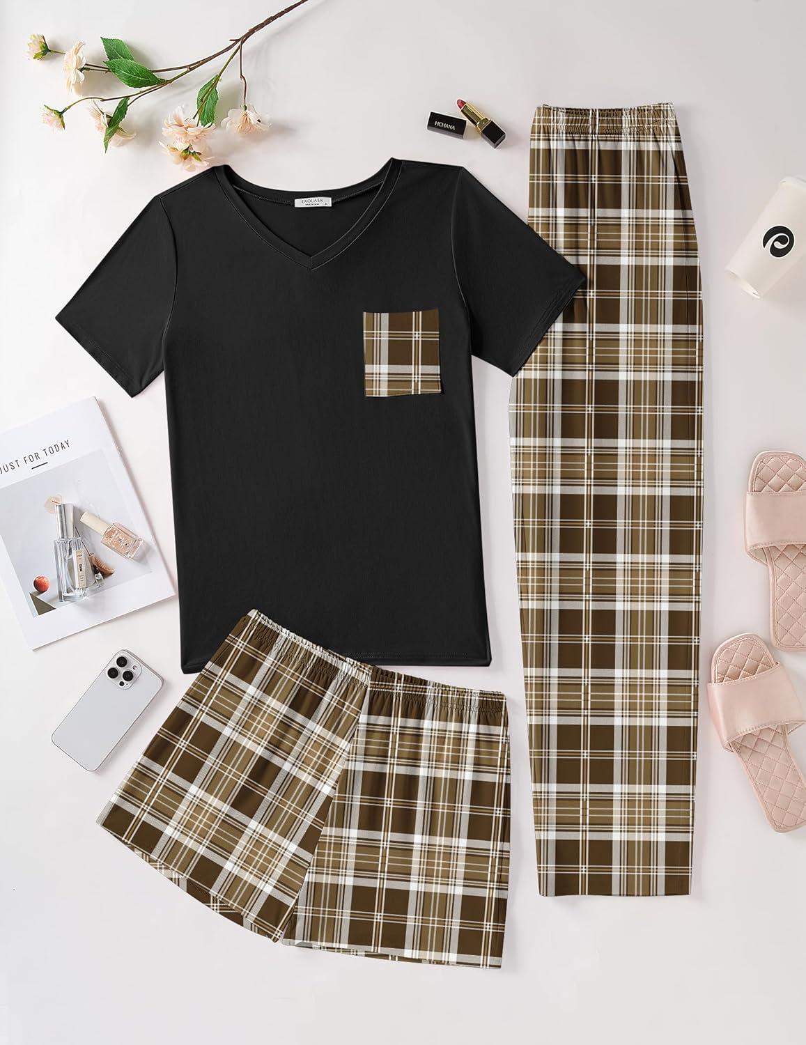 imageEkouaer Womens 3 Piece Pajama Set Short Sleeve Sleepwear Pj Set Top and Shorts Pants Pjs with PocketsBrown Plaid