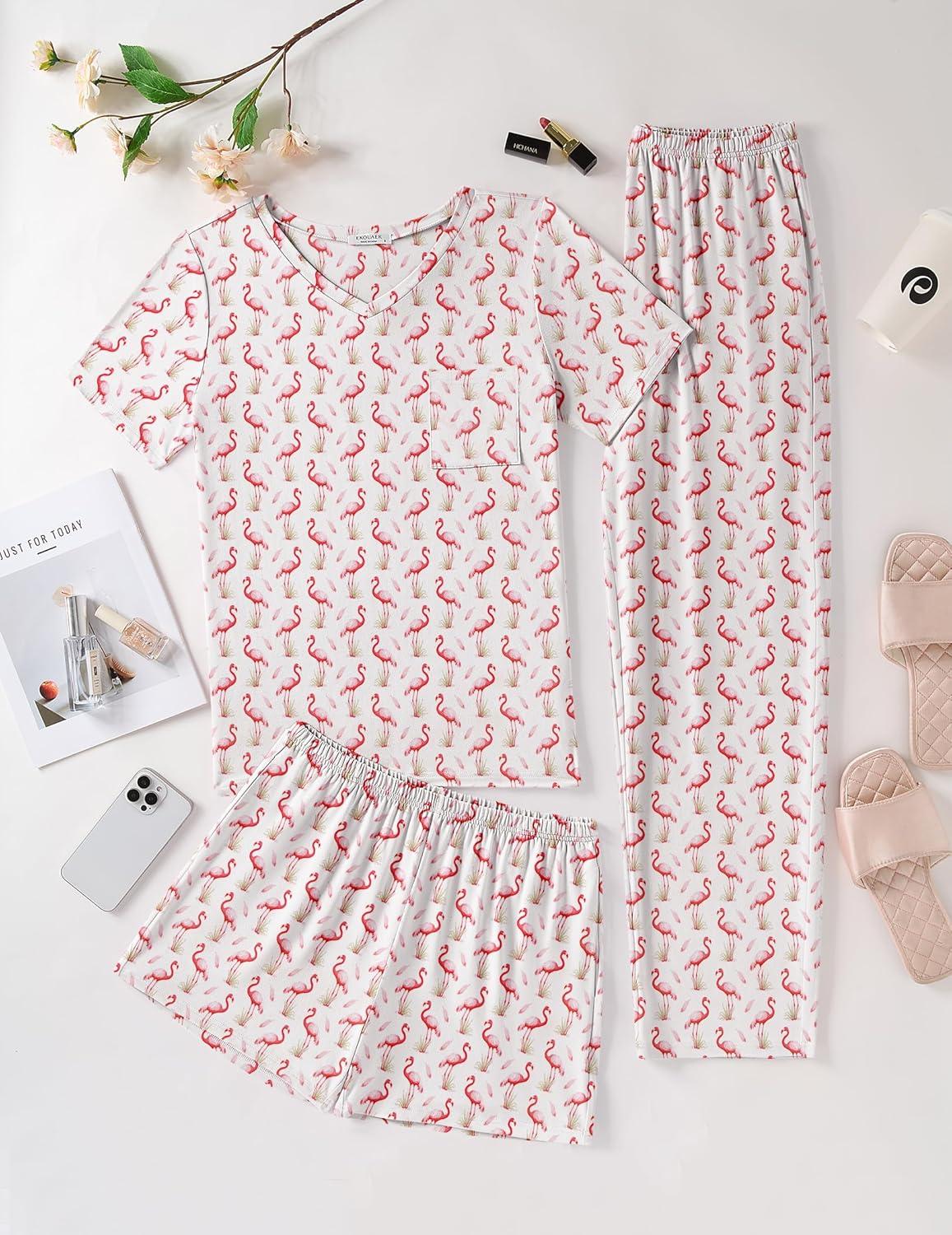 imageEkouaer Womens 3 Piece Pajama Set Short Sleeve Sleepwear Pj Set Top and Shorts Pants Pjs with PocketsFlamingo Print