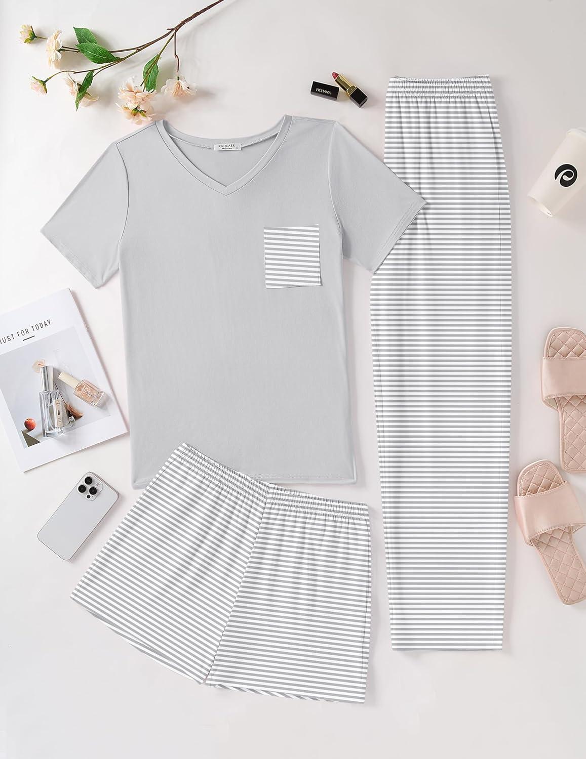 imageEkouaer Womens 3 Piece Pajama Set Short Sleeve Sleepwear Pj Set Top and Shorts Pants Pjs with PocketsGray Stripe