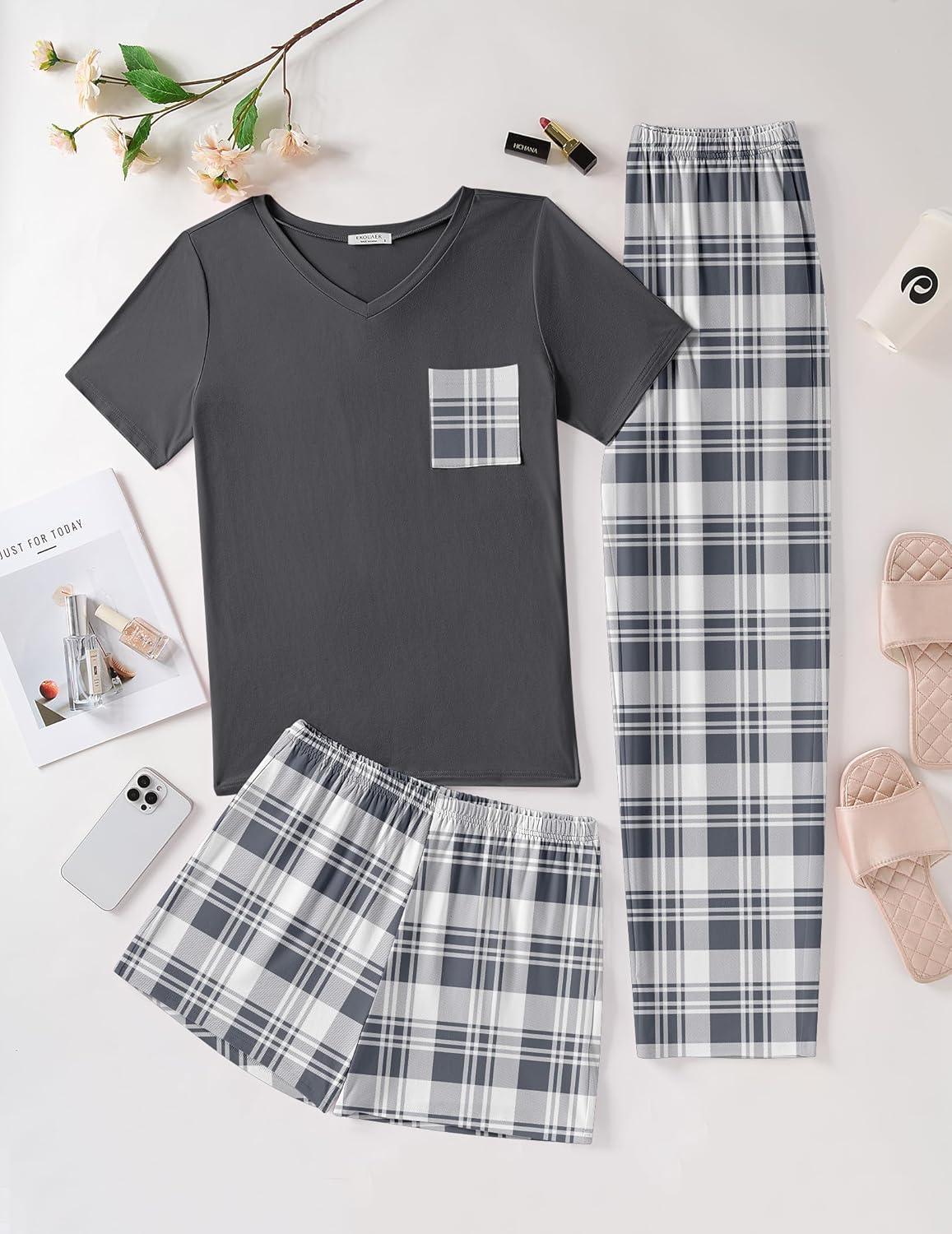 imageEkouaer Womens 3 Piece Pajama Set Short Sleeve Sleepwear Pj Set Top and Shorts Pants Pjs with PocketsLight Gray Plaid