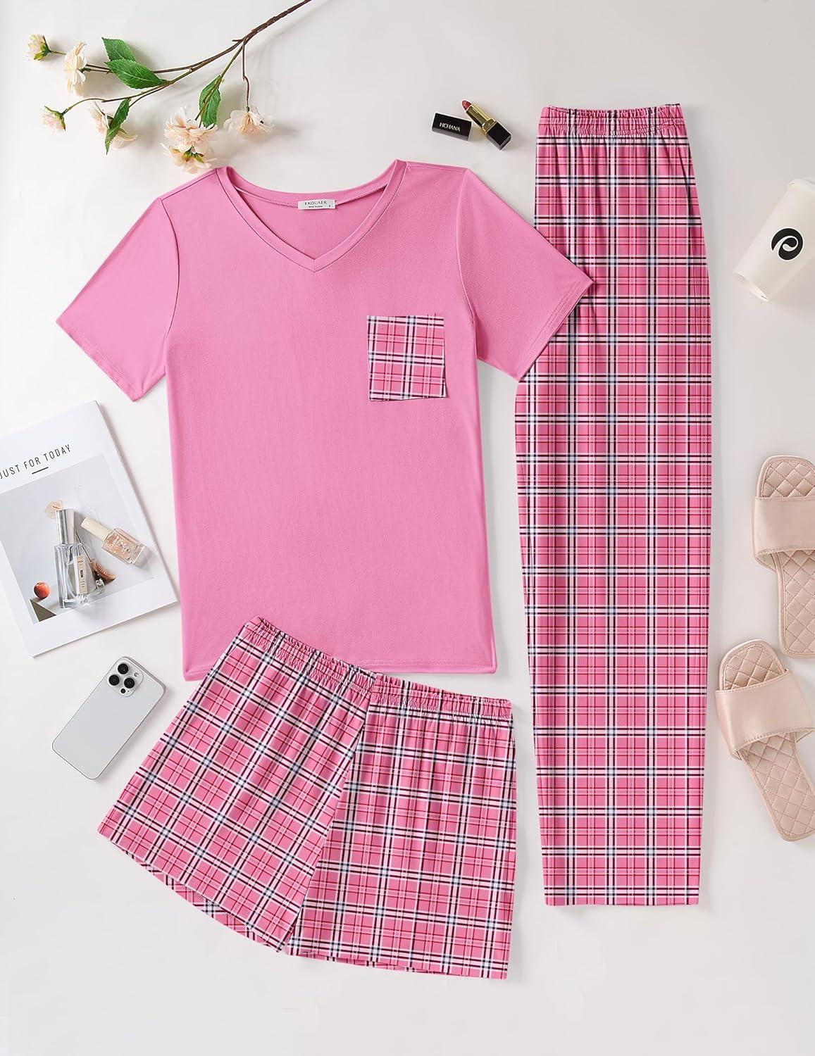 imageEkouaer Womens 3 Piece Pajama Set Short Sleeve Sleepwear Pj Set Top and Shorts Pants Pjs with PocketsPink Black Plaid