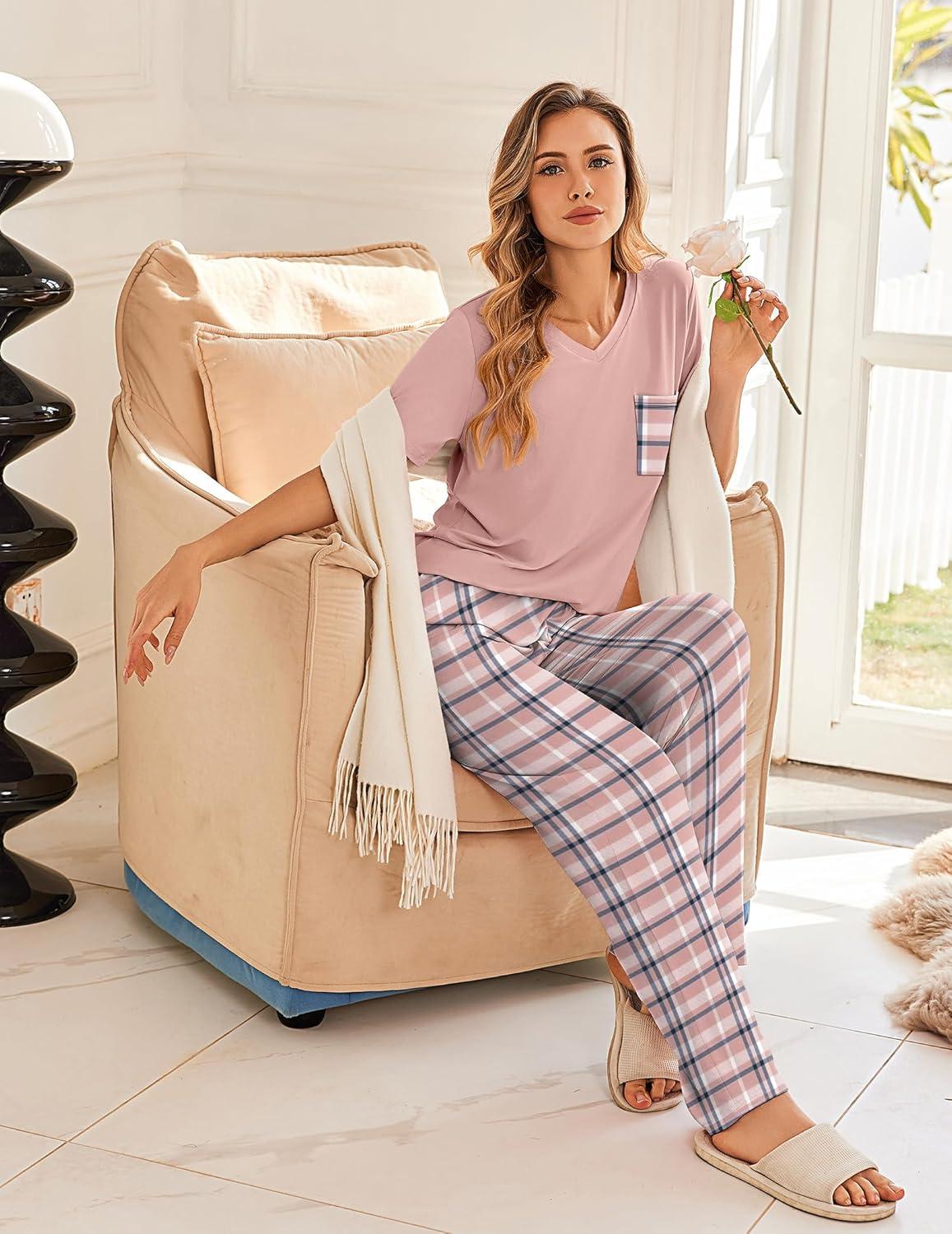 imageEkouaer Womens 3 Piece Pajama Set Short Sleeve Sleepwear Pj Set Top and Shorts Pants Pjs with PocketsPink Plaid