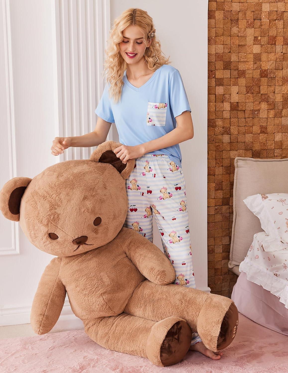 imageEkouaer Womens 3 Piece Pajama Set Short Sleeve Sleepwear Pj Set Top and Shorts Pants Pjs with PocketsTeddy Bear