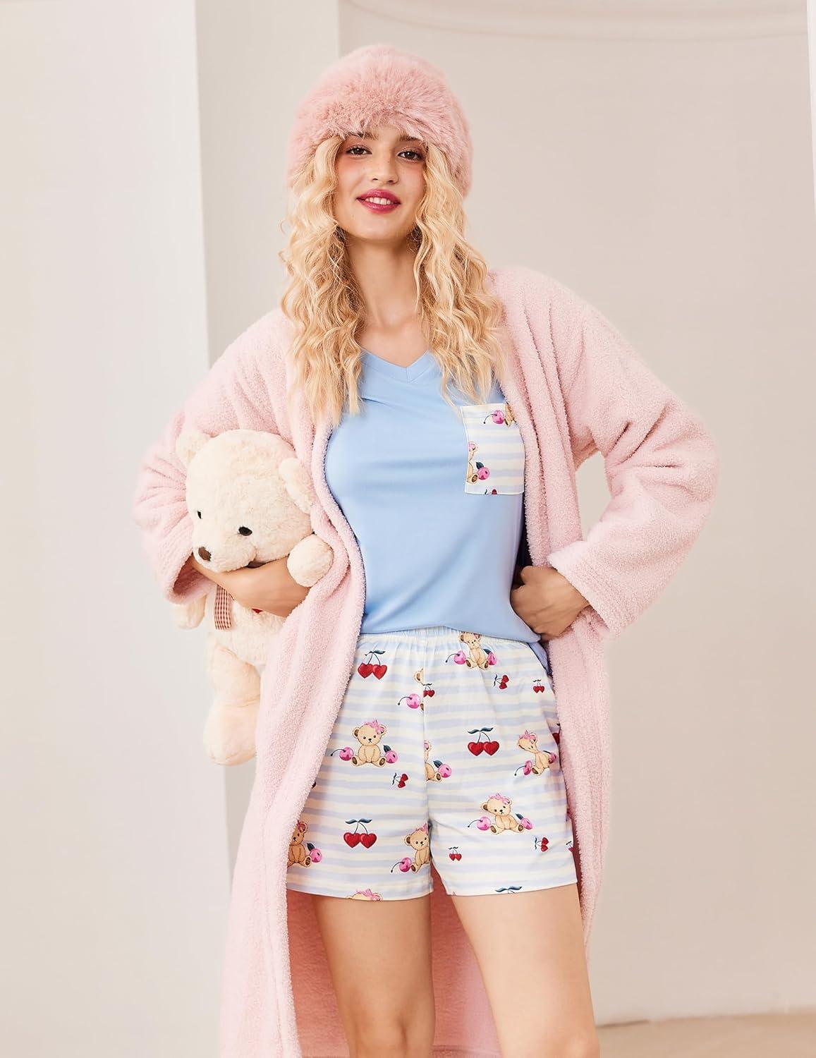 imageEkouaer Womens 3 Piece Pajama Set Short Sleeve Sleepwear Pj Set Top and Shorts Pants Pjs with PocketsTeddy Bear