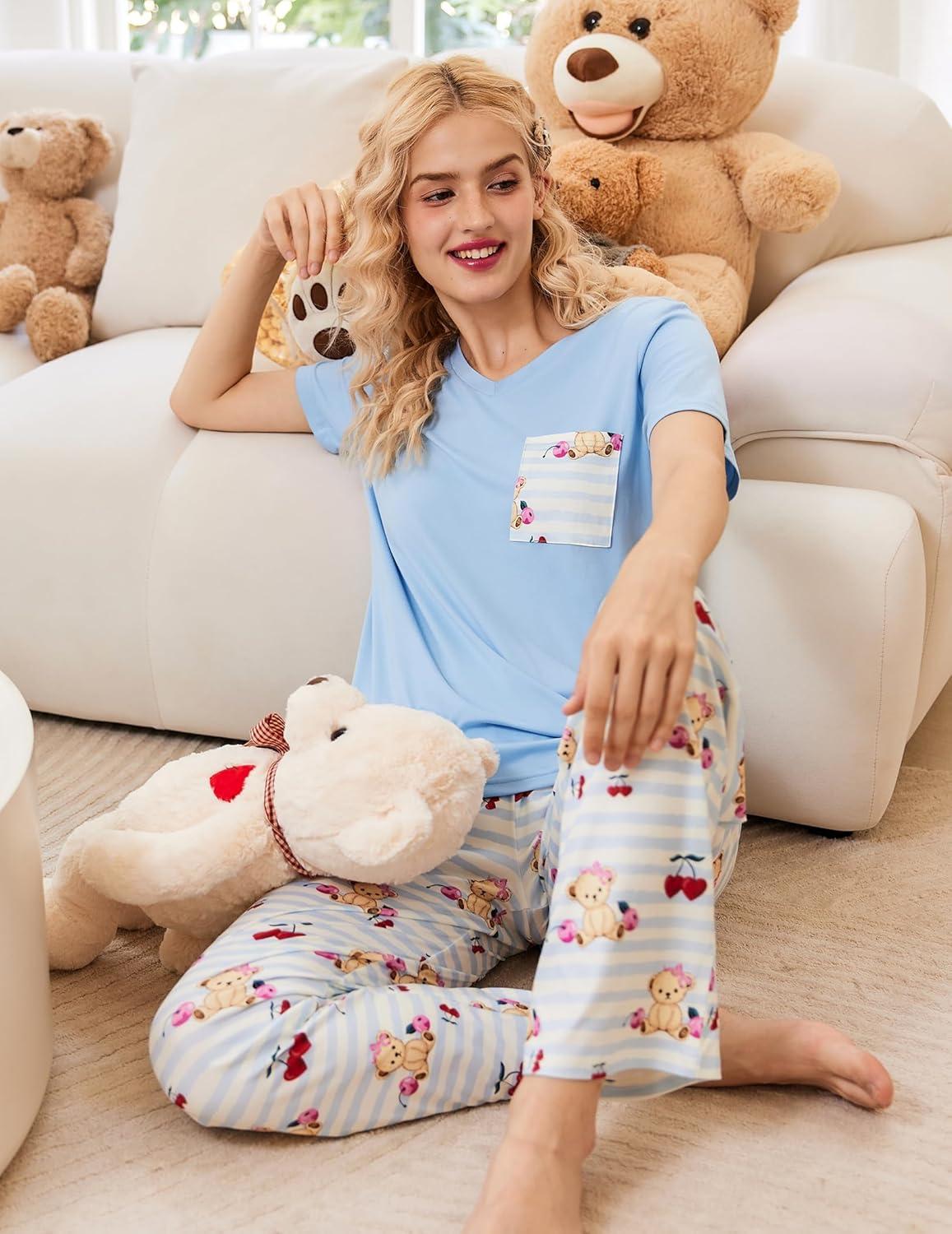 imageEkouaer Womens 3 Piece Pajama Set Short Sleeve Sleepwear Pj Set Top and Shorts Pants Pjs with PocketsTeddy Bear
