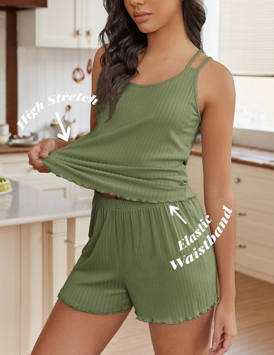 imageEkouaer Womens Cami Pajama Sets 2 Piece Ribbed Knit PJs Tank Top and Shorts Set Lingerie SleepwearArmy Green