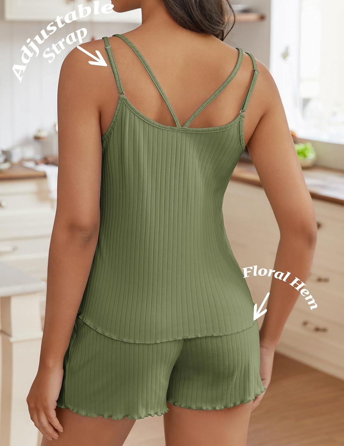 imageEkouaer Womens Cami Pajama Sets 2 Piece Ribbed Knit PJs Tank Top and Shorts Set Lingerie SleepwearArmy Green
