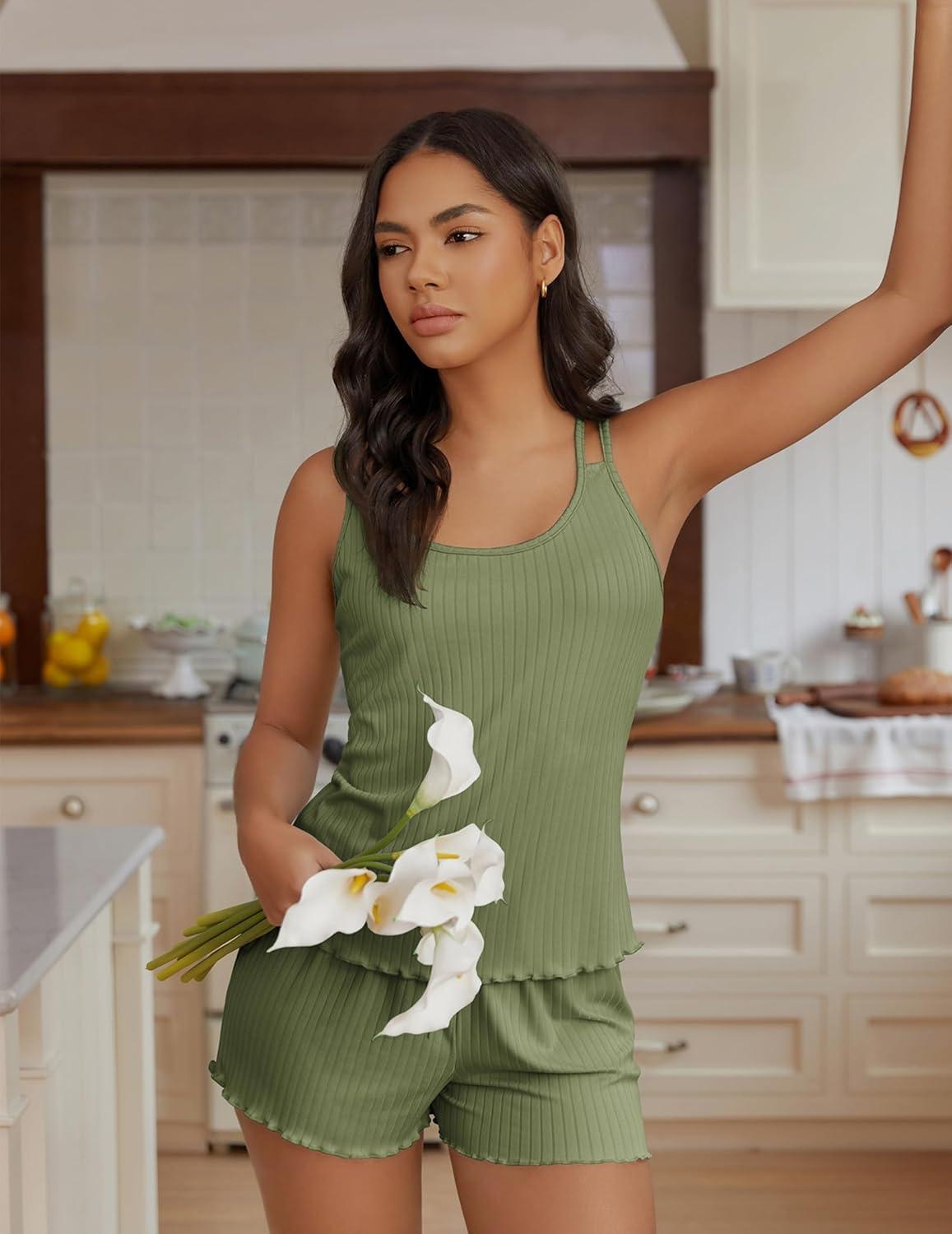 imageEkouaer Womens Cami Pajama Sets 2 Piece Ribbed Knit PJs Tank Top and Shorts Set Lingerie SleepwearArmy Green