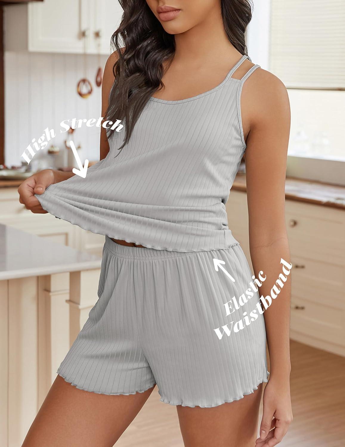imageEkouaer Womens Cami Pajama Sets 2 Piece Ribbed Knit PJs Tank Top and Shorts Set Lingerie SleepwearGrey