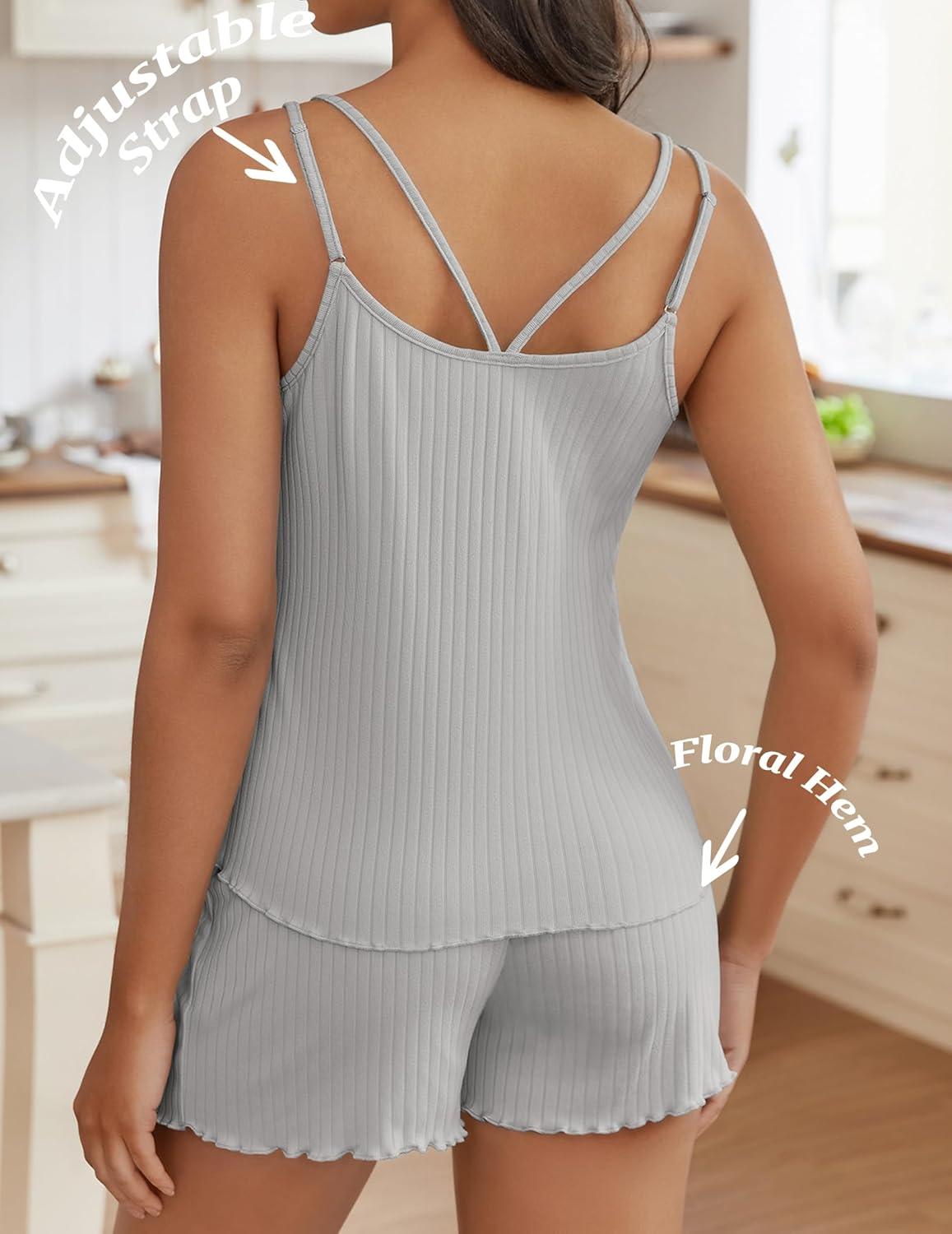 imageEkouaer Womens Cami Pajama Sets 2 Piece Ribbed Knit PJs Tank Top and Shorts Set Lingerie SleepwearGrey