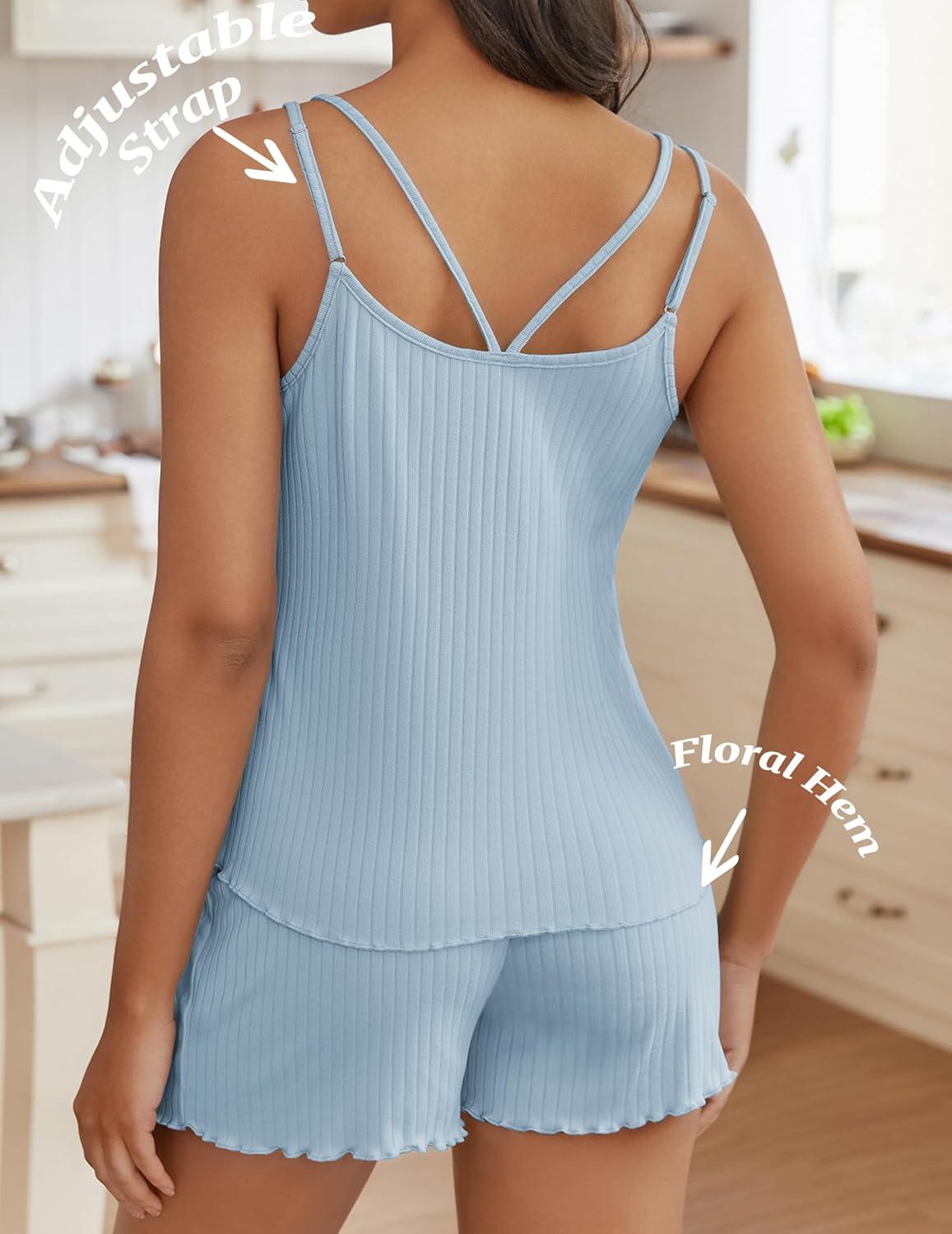 imageEkouaer Womens Cami Pajama Sets 2 Piece Ribbed Knit PJs Tank Top and Shorts Set Lingerie SleepwearLight Blue