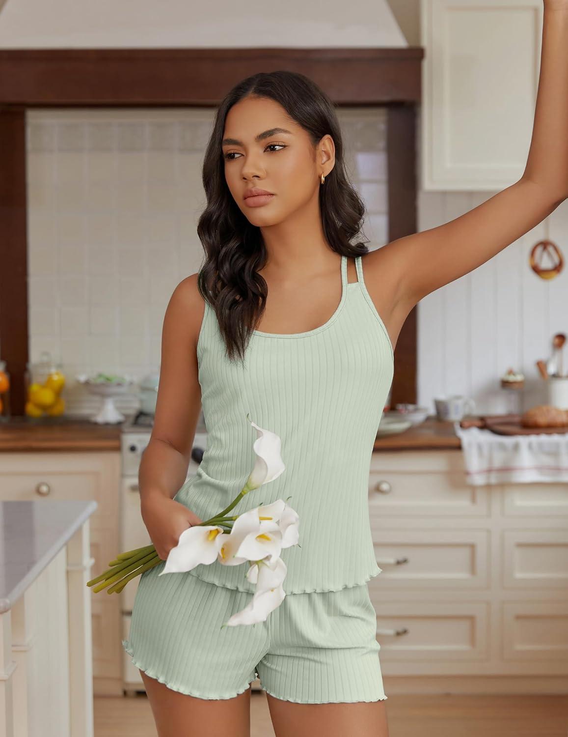 imageEkouaer Womens Cami Pajama Sets 2 Piece Ribbed Knit PJs Tank Top and Shorts Set Lingerie SleepwearLight Green
