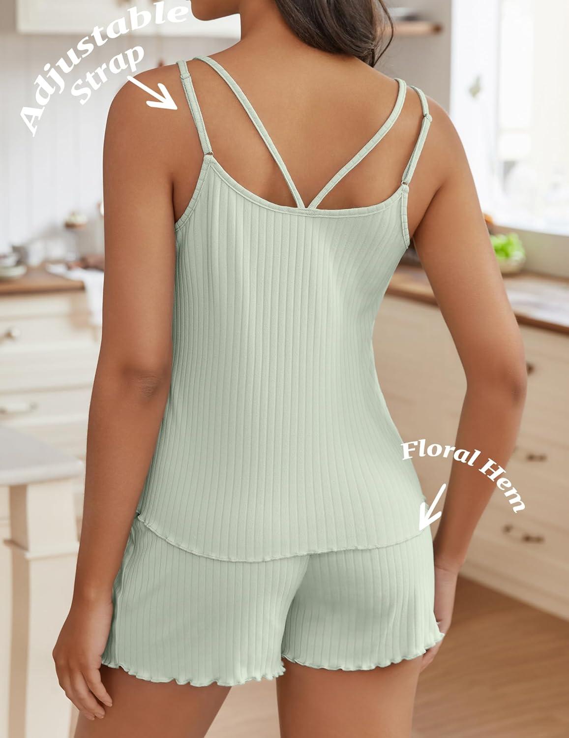 imageEkouaer Womens Cami Pajama Sets 2 Piece Ribbed Knit PJs Tank Top and Shorts Set Lingerie SleepwearLight Green