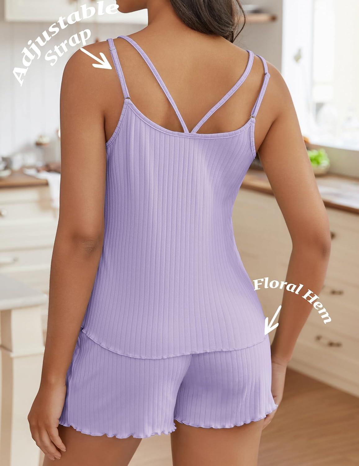 imageEkouaer Womens Cami Pajama Sets 2 Piece Ribbed Knit PJs Tank Top and Shorts Set Lingerie SleepwearLilac