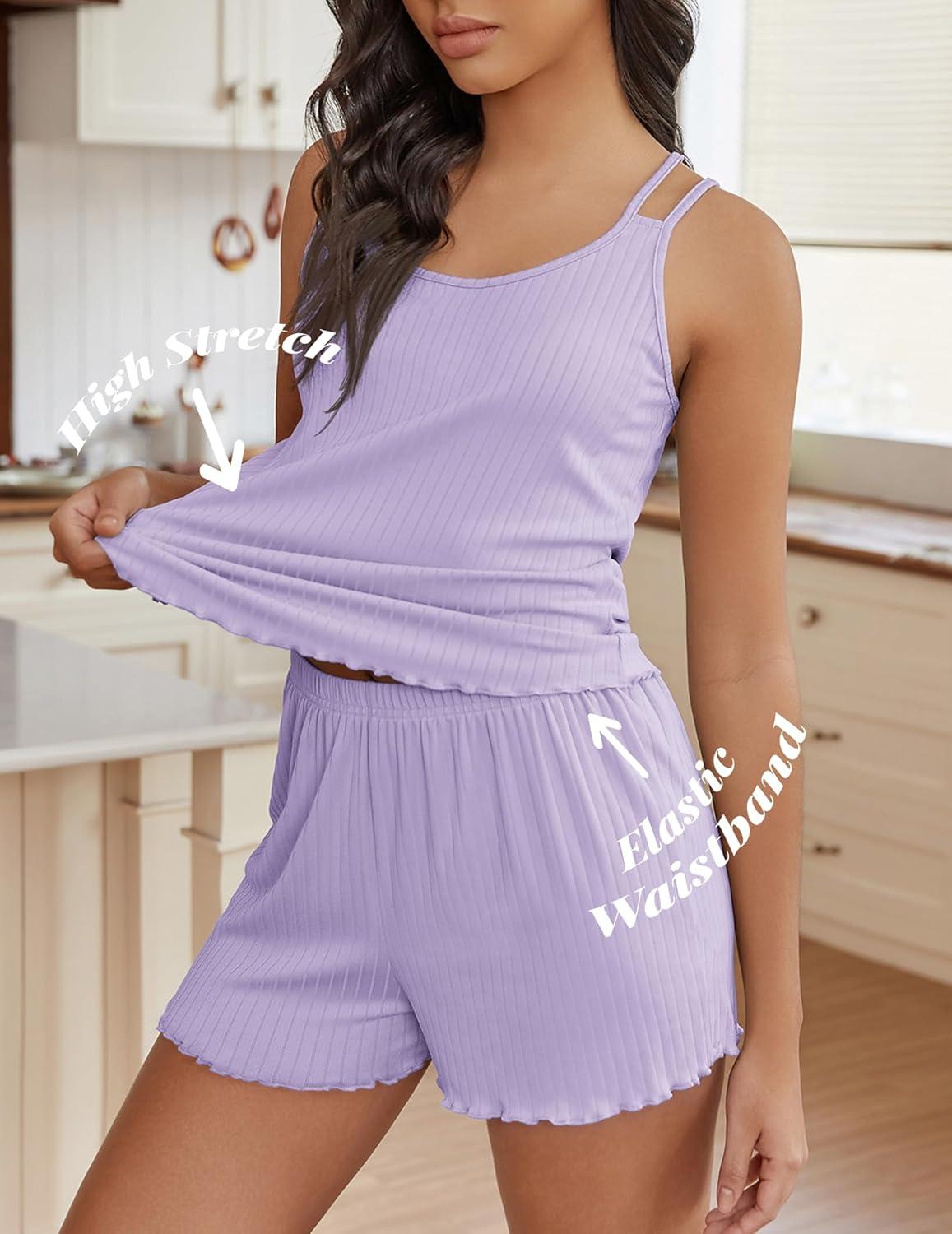 imageEkouaer Womens Cami Pajama Sets 2 Piece Ribbed Knit PJs Tank Top and Shorts Set Lingerie SleepwearLilac