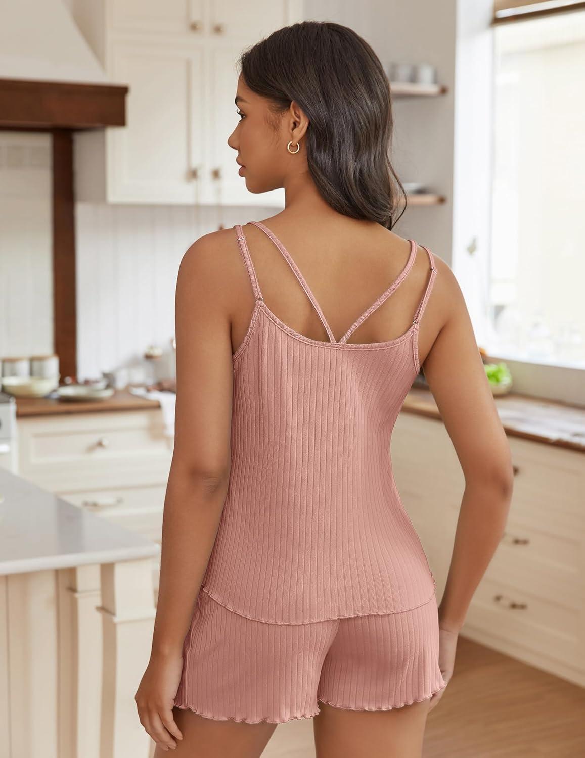 imageEkouaer Womens Cami Pajama Sets 2 Piece Ribbed Knit PJs Tank Top and Shorts Set Lingerie SleepwearLotus Root Pink