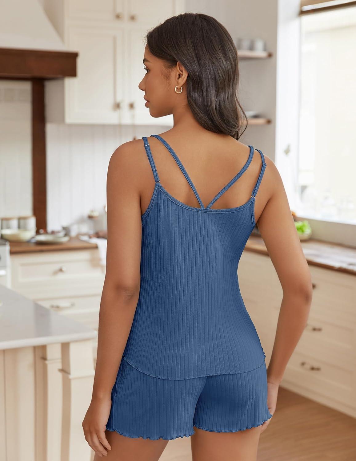 imageEkouaer Womens Cami Pajama Sets 2 Piece Ribbed Knit PJs Tank Top and Shorts Set Lingerie SleepwearNavy Blue
