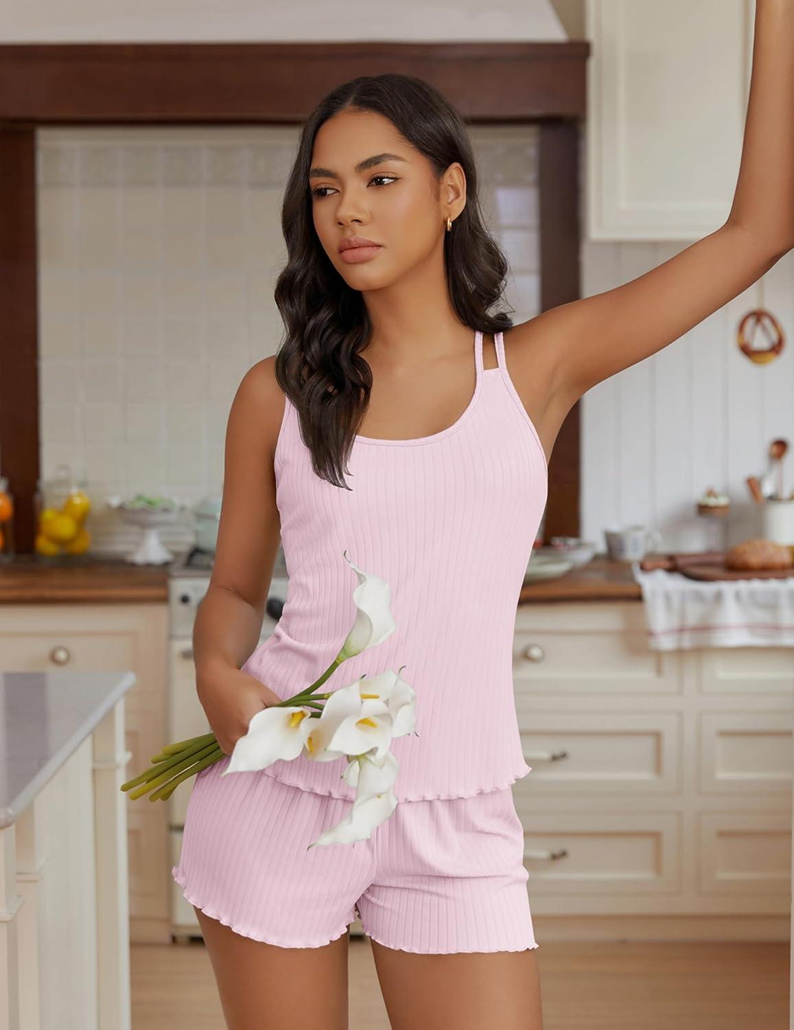 imageEkouaer Womens Cami Pajama Sets 2 Piece Ribbed Knit PJs Tank Top and Shorts Set Lingerie SleepwearPink