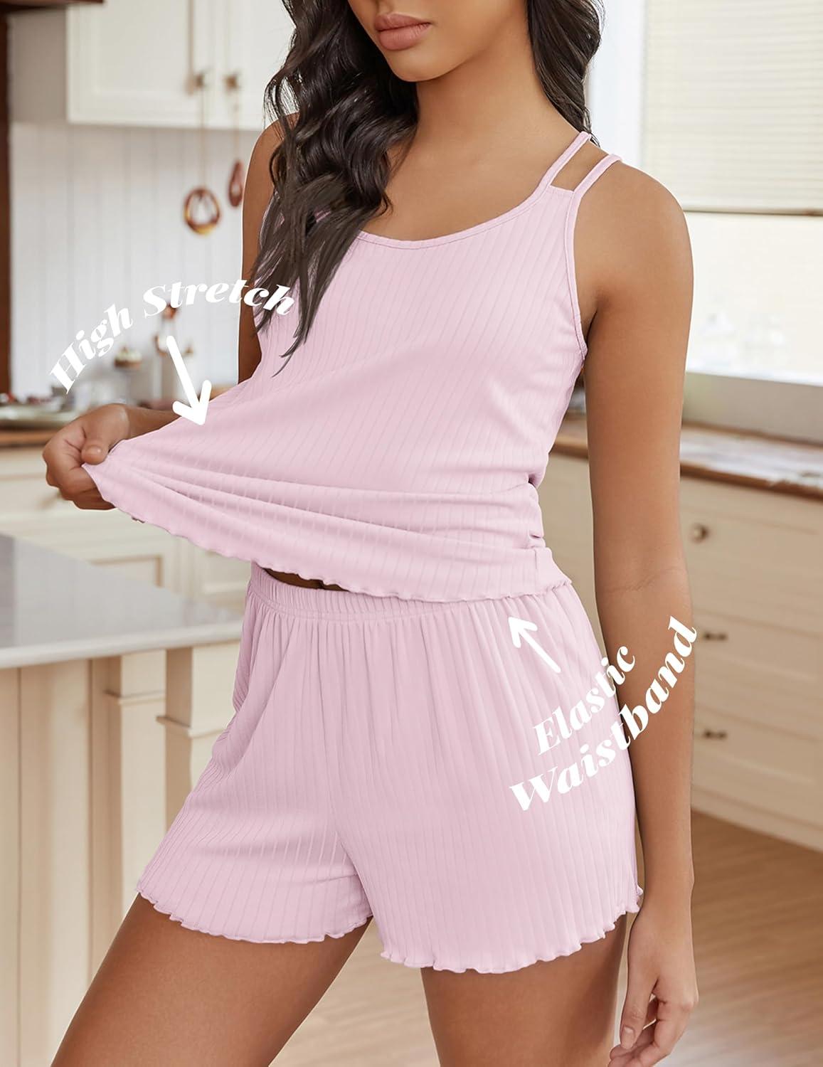 imageEkouaer Womens Cami Pajama Sets 2 Piece Ribbed Knit PJs Tank Top and Shorts Set Lingerie SleepwearPink