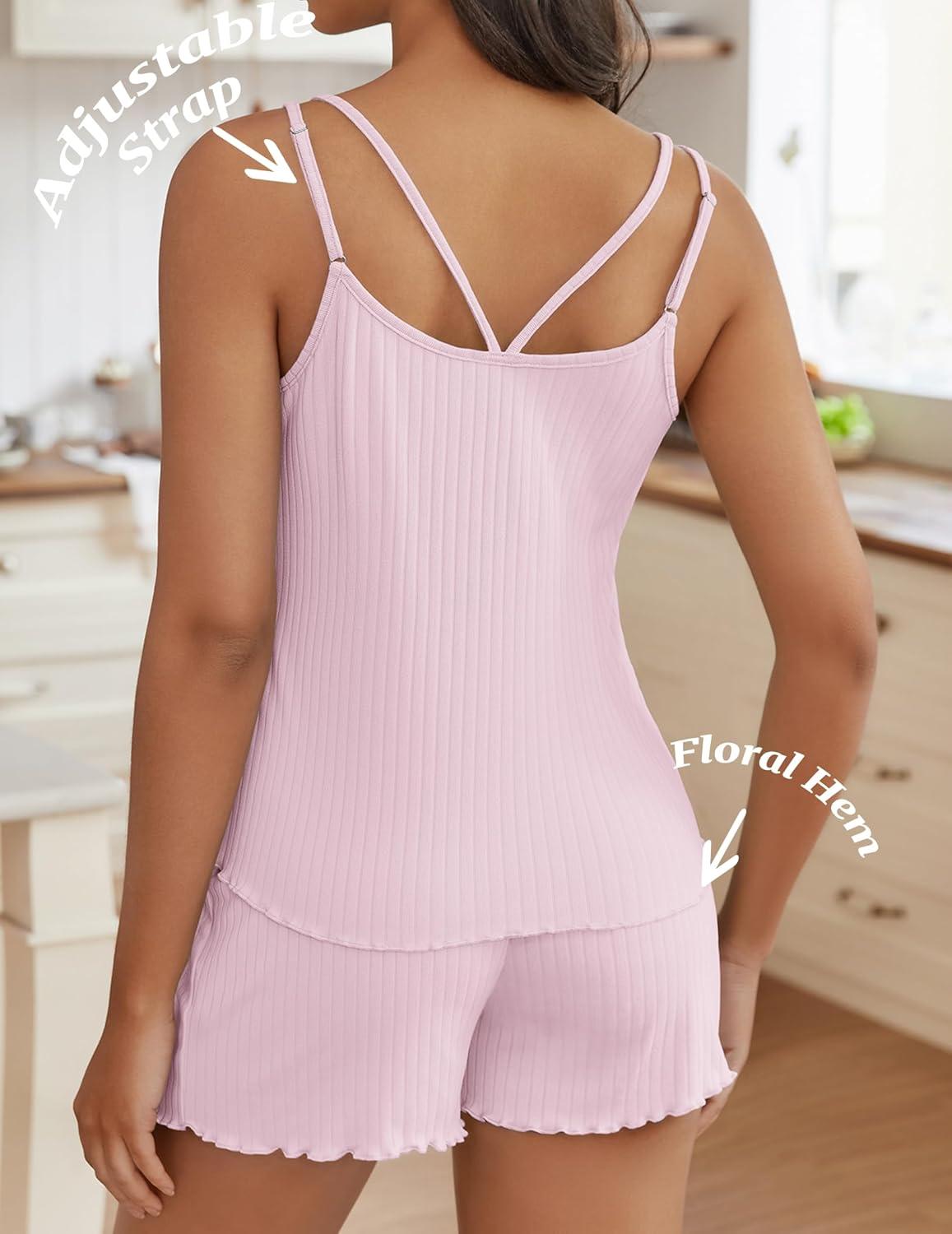 imageEkouaer Womens Cami Pajama Sets 2 Piece Ribbed Knit PJs Tank Top and Shorts Set Lingerie SleepwearPink