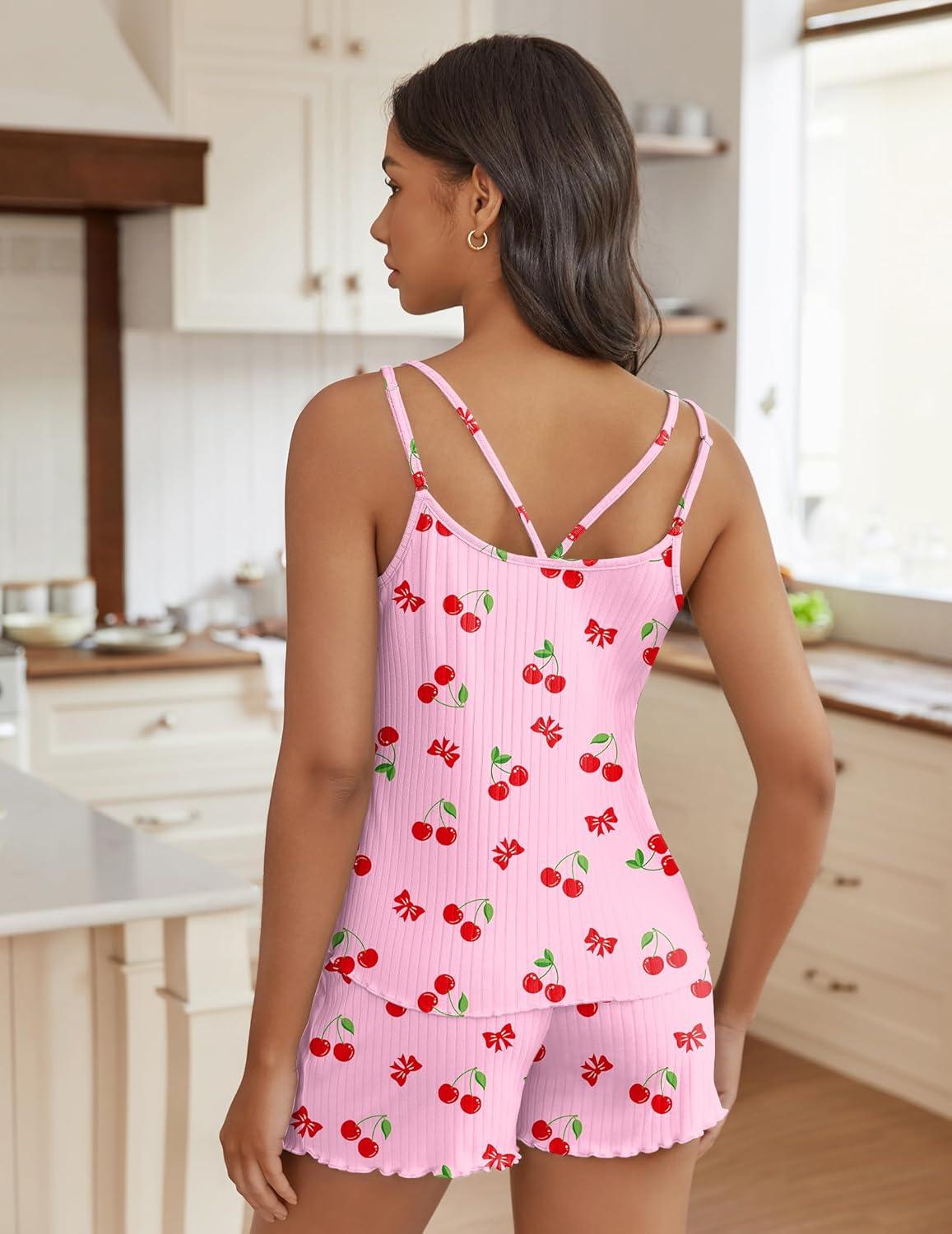 imageEkouaer Womens Cami Pajama Sets 2 Piece Ribbed Knit PJs Tank Top and Shorts Set Lingerie SleepwearPink Cherry