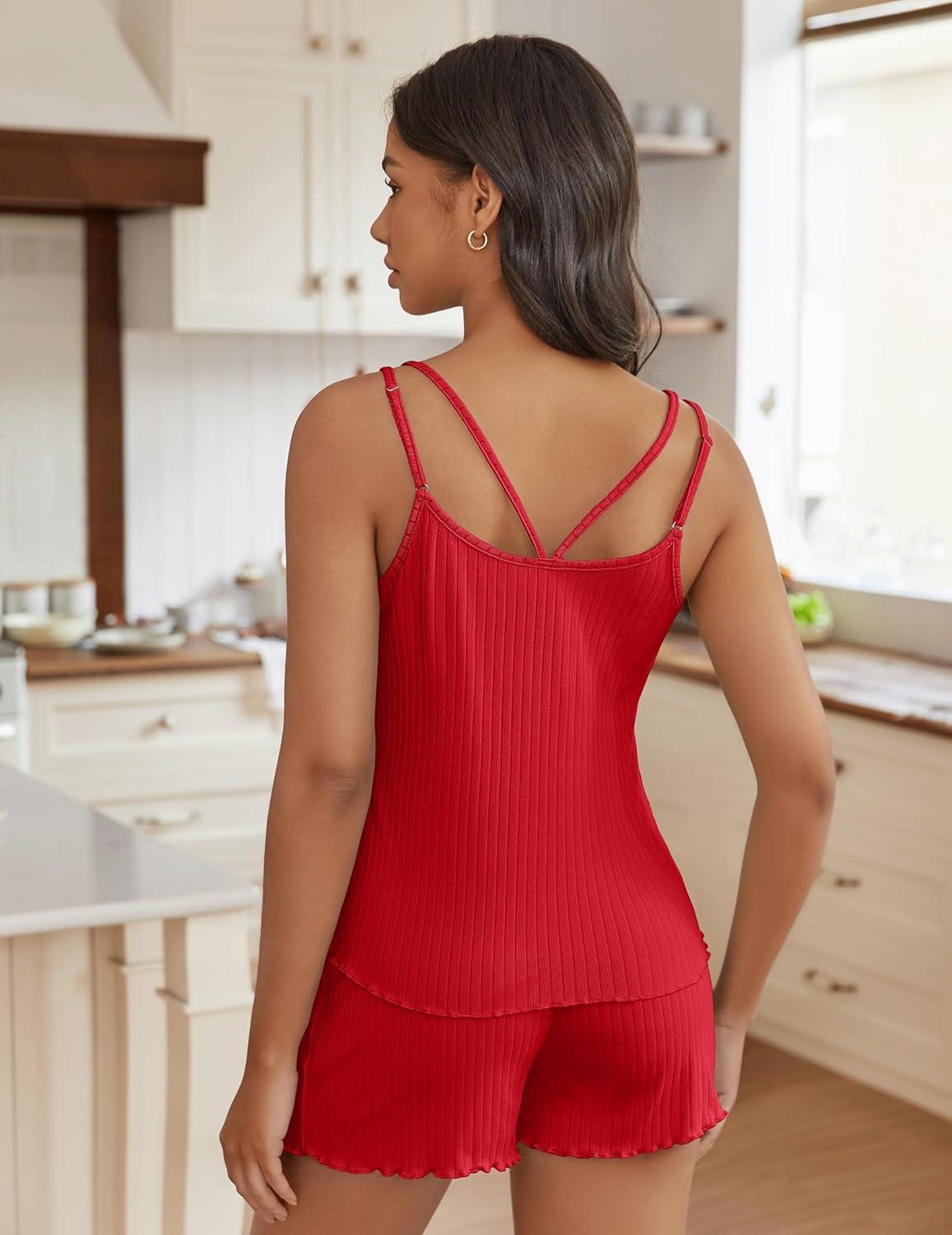 imageEkouaer Womens Cami Pajama Sets 2 Piece Ribbed Knit PJs Tank Top and Shorts Set Lingerie SleepwearRed