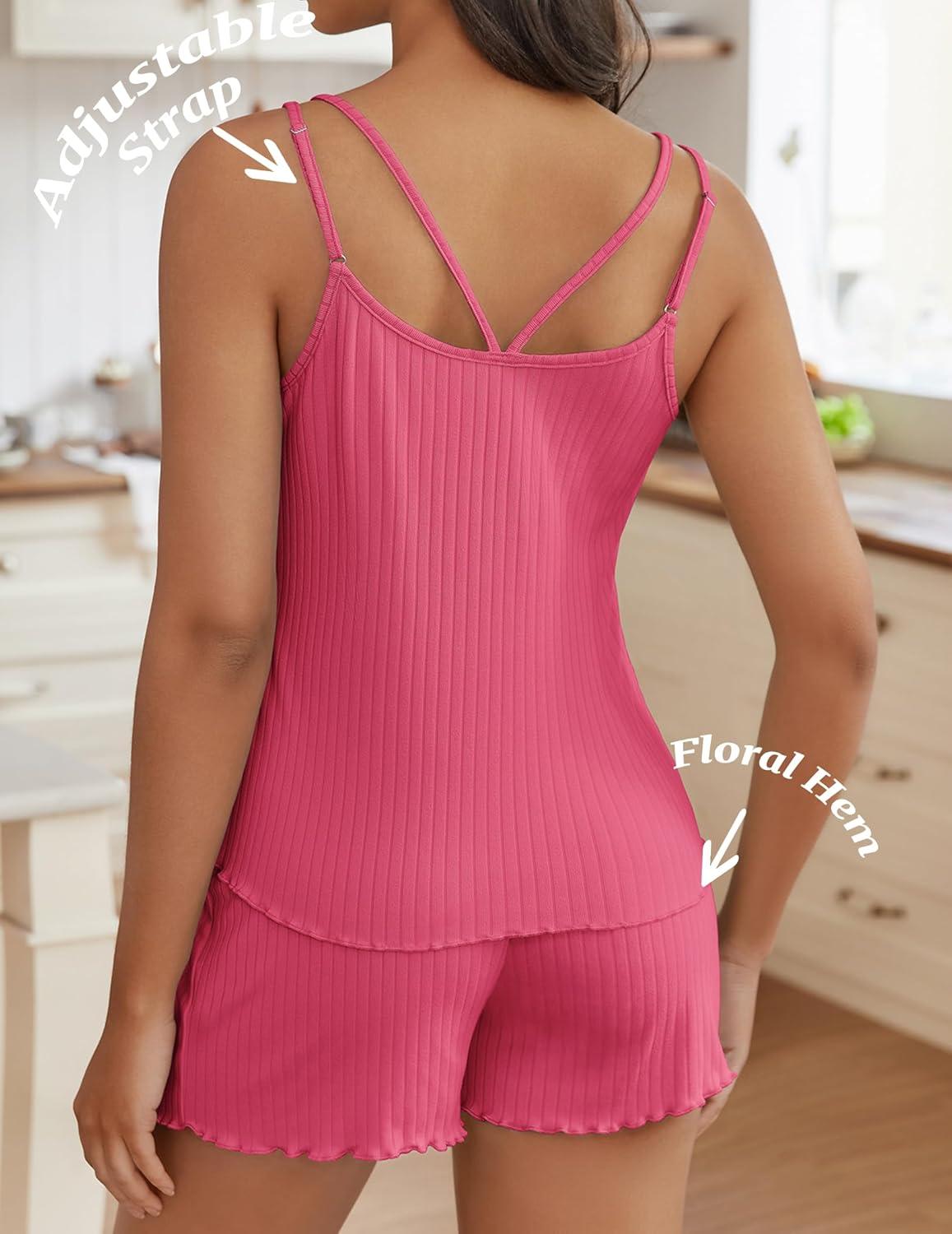 imageEkouaer Womens Cami Pajama Sets 2 Piece Ribbed Knit PJs Tank Top and Shorts Set Lingerie SleepwearRose Pink