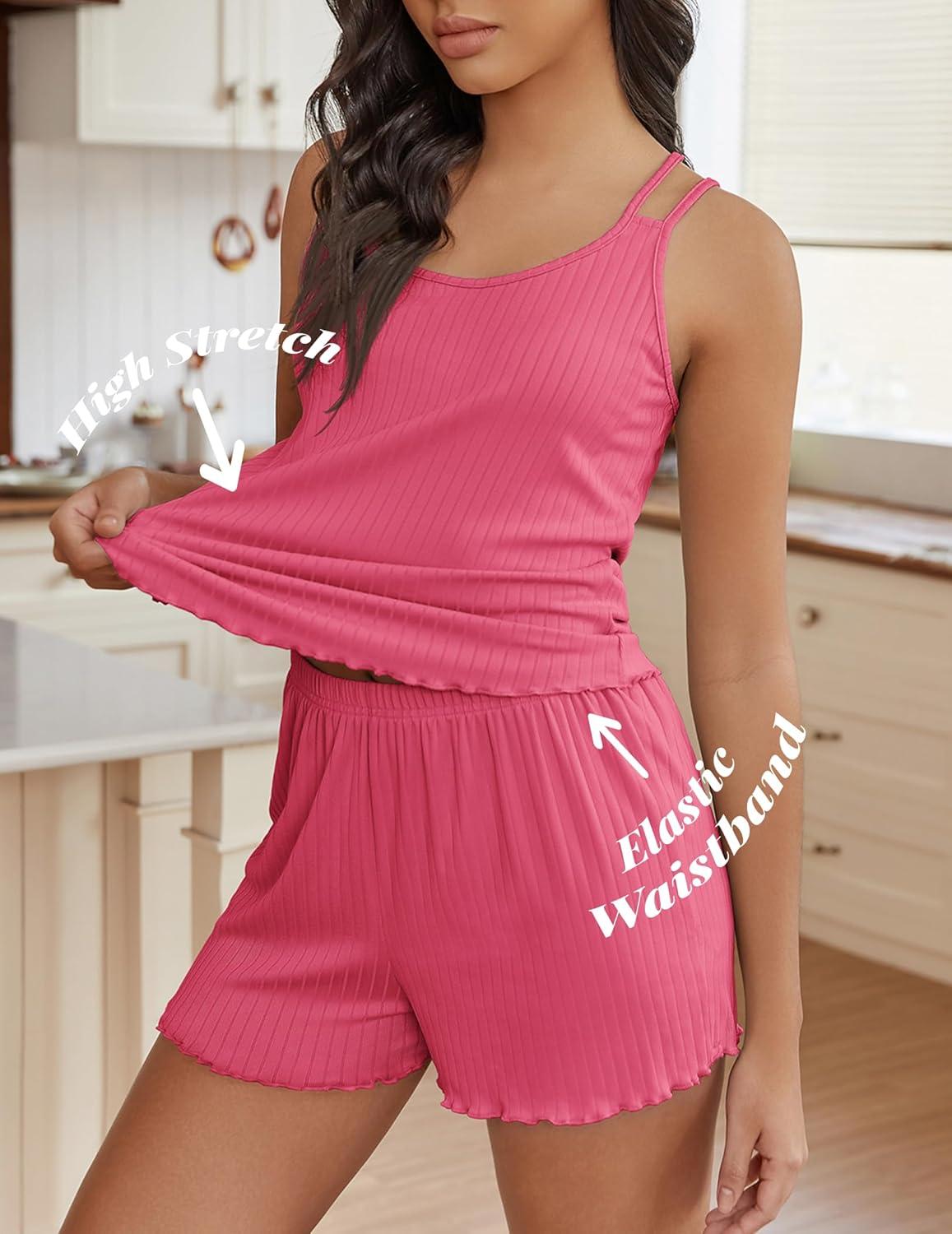 imageEkouaer Womens Cami Pajama Sets 2 Piece Ribbed Knit PJs Tank Top and Shorts Set Lingerie SleepwearRose Pink
