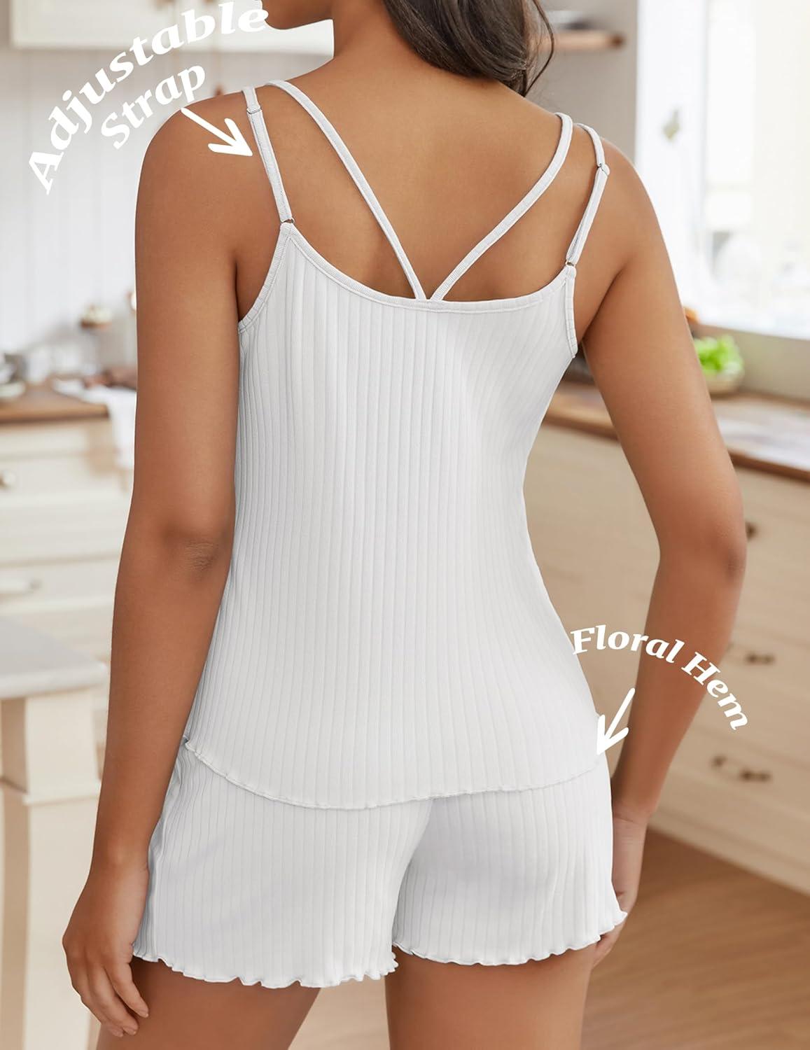 imageEkouaer Womens Cami Pajama Sets 2 Piece Ribbed Knit PJs Tank Top and Shorts Set Lingerie SleepwearWhite