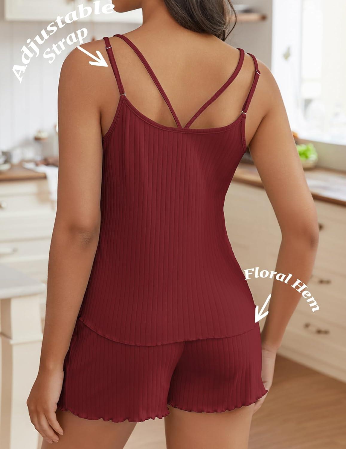 imageEkouaer Womens Cami Pajama Sets 2 Piece Ribbed Knit PJs Tank Top and Shorts Set Lingerie SleepwearWine Red