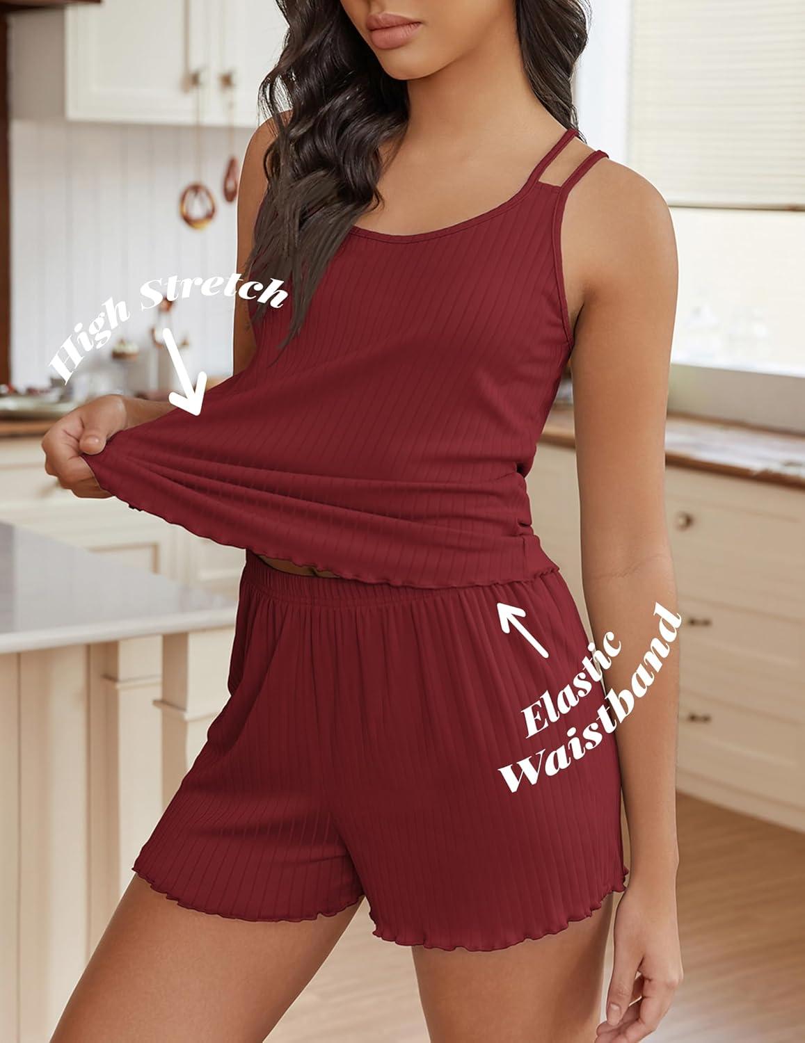 imageEkouaer Womens Cami Pajama Sets 2 Piece Ribbed Knit PJs Tank Top and Shorts Set Lingerie SleepwearWine Red