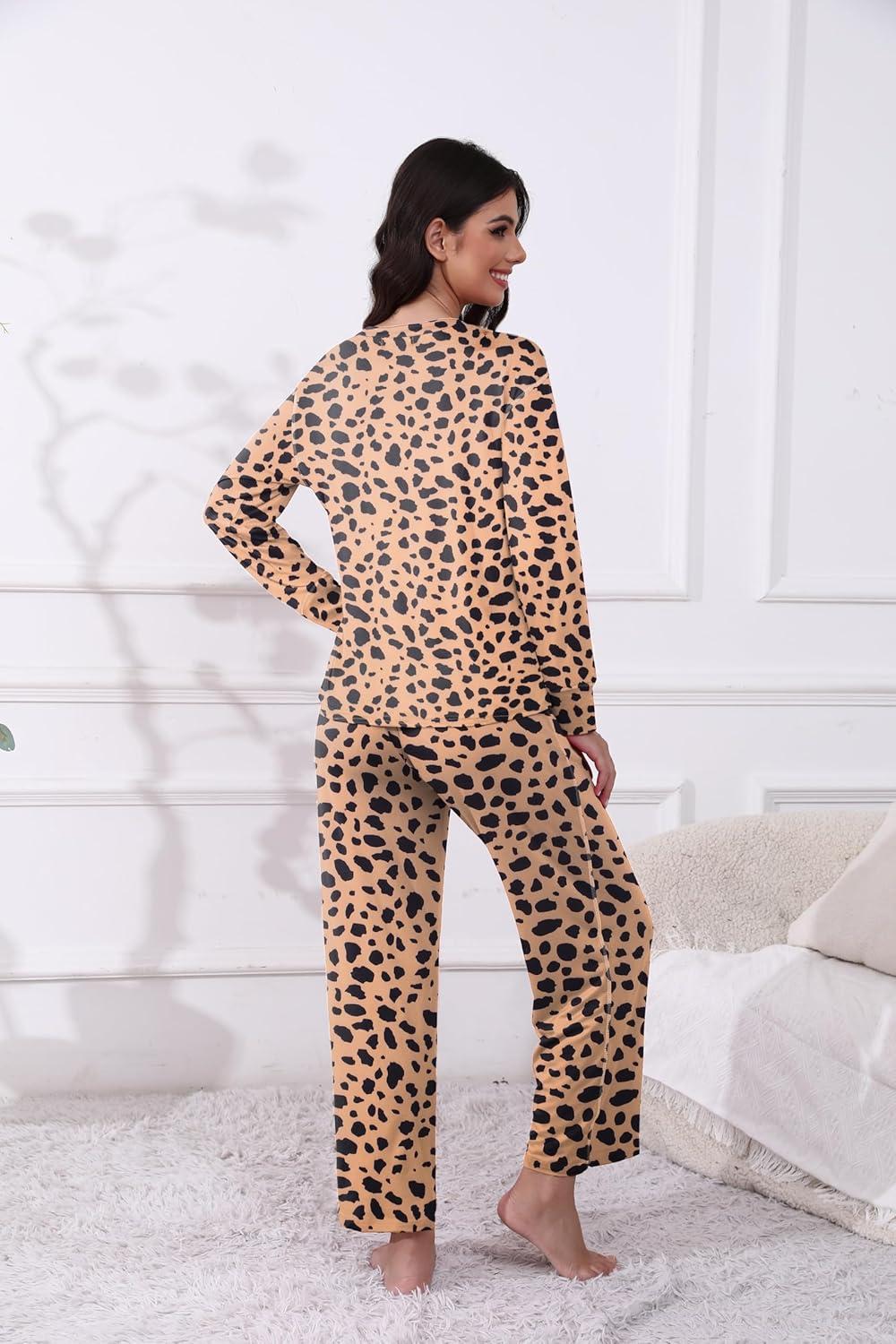 imageEkouaer Womens Pajamas Set 2 Piece Lounge Sets Long Sleeve Crewneck Top and Pants Soft Pjs with PocketsLeopard