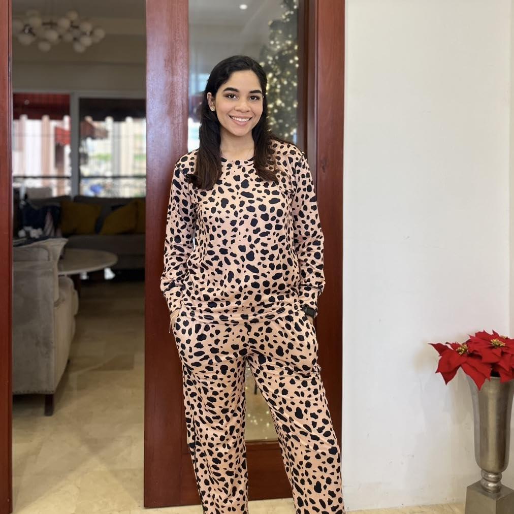 imageEkouaer Womens Pajamas Set 2 Piece Lounge Sets Long Sleeve Crewneck Top and Pants Soft Pjs with PocketsLeopard