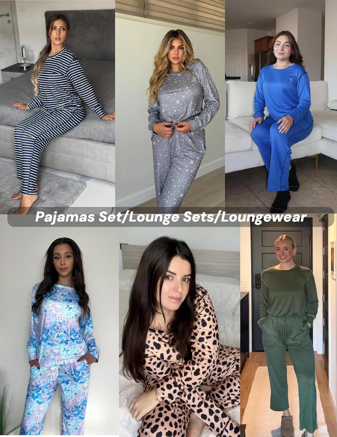 imageEkouaer Womens Pajamas Set 2 Piece Lounge Sets Long Sleeve Crewneck Top and Pants Soft Pjs with PocketsLeopard