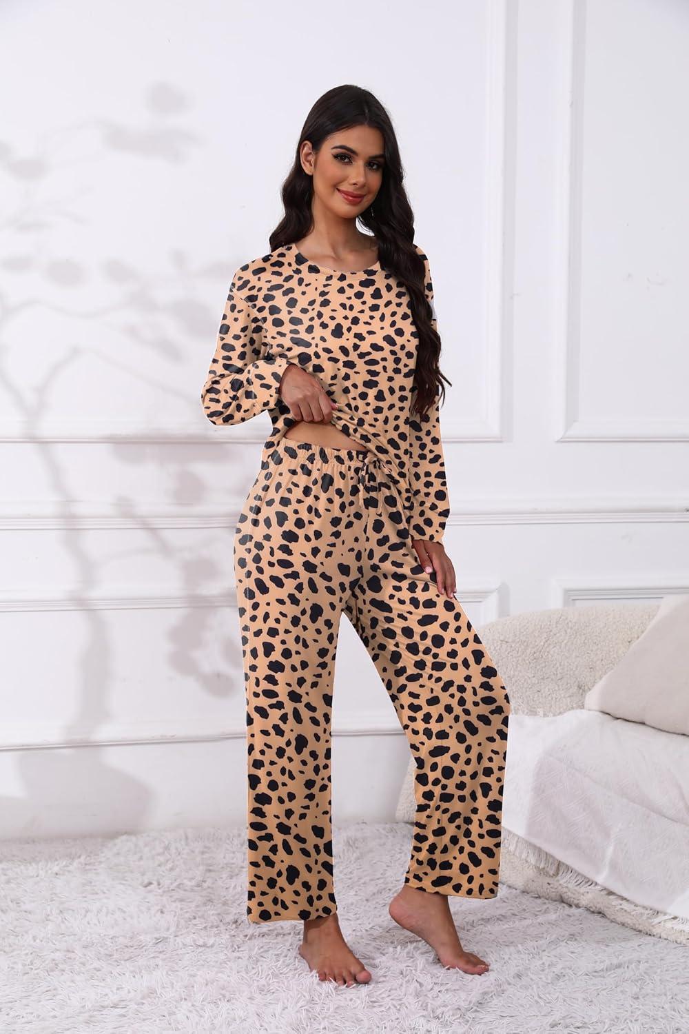 imageEkouaer Womens Pajamas Set 2 Piece Lounge Sets Long Sleeve Crewneck Top and Pants Soft Pjs with PocketsLeopard