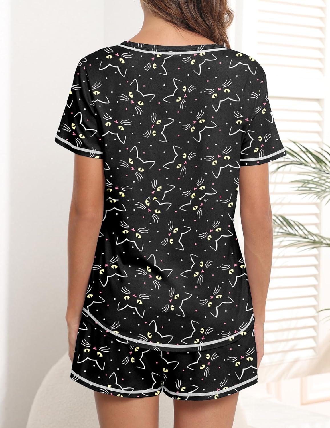 imageEkouaer Womens Pajamas Sets Short Sleeve Lounge Sets Sleepwear Casual Two Piece Pjs With PocketsBlack Cat